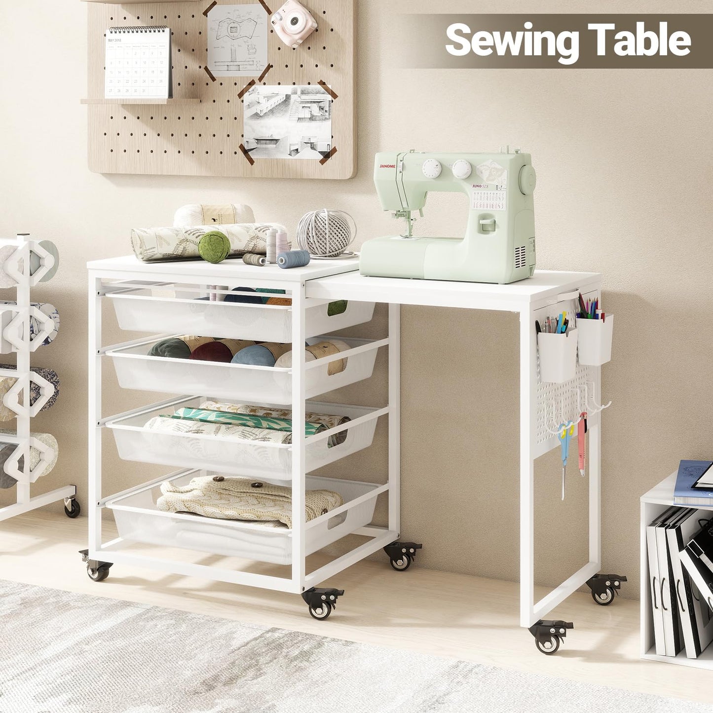 Rolling Craft Storage Cart with Wheels & Mesh Drawers, Extendable Craft Table with Pegboard Organizer, Muti-Functional Work Table for Sewing, Arts and Crafts, Scrapbooking Storage,3D Printers (White)