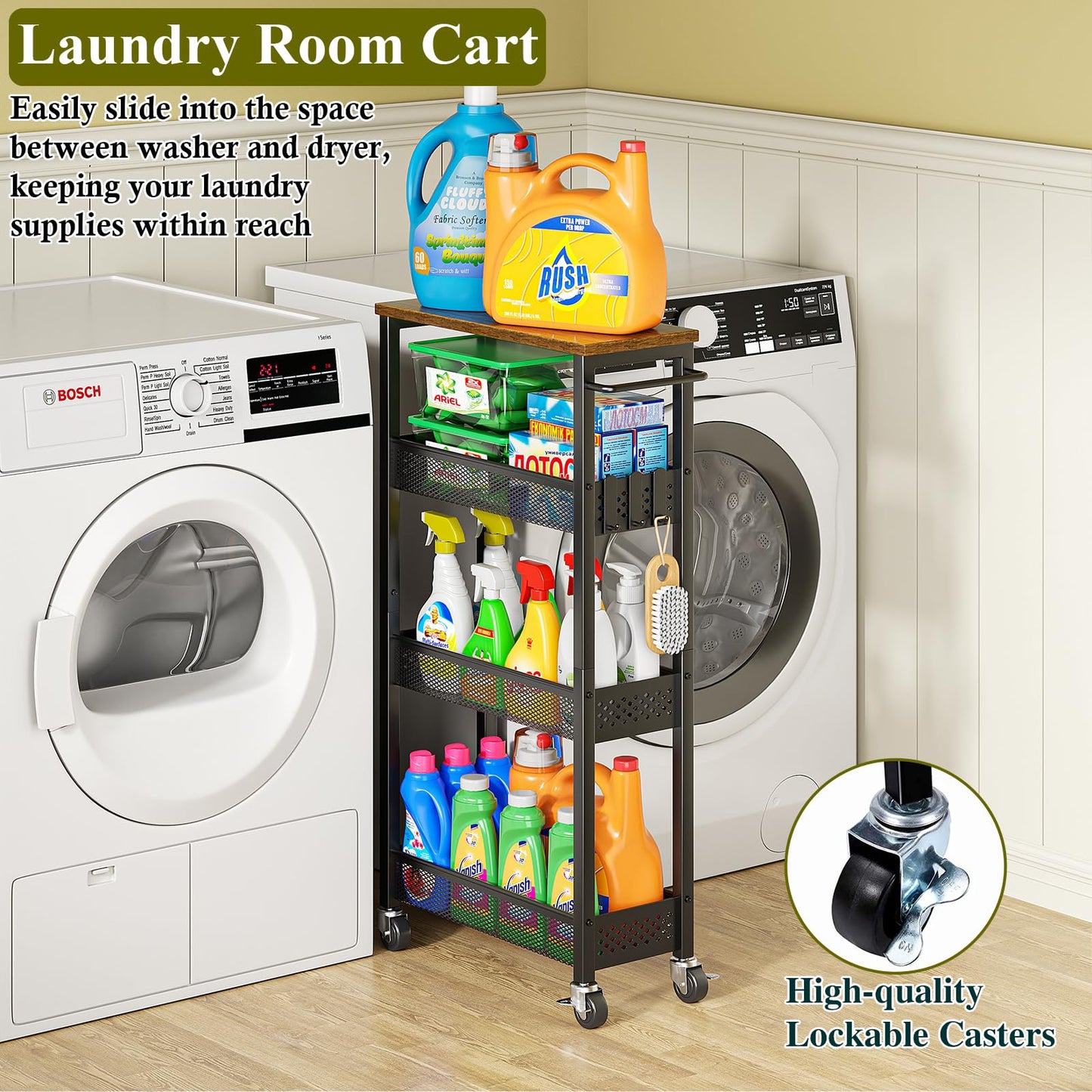 OKZEST Utility Slim Storage Cart, 4 Tier Small Rolling Kitchen Laundry Room Cart with Wood Top, Metal Narrow Bathroom Storage Cabinet Mobile Shelf Unit Organizer Trolley with Handle for Narrow Space