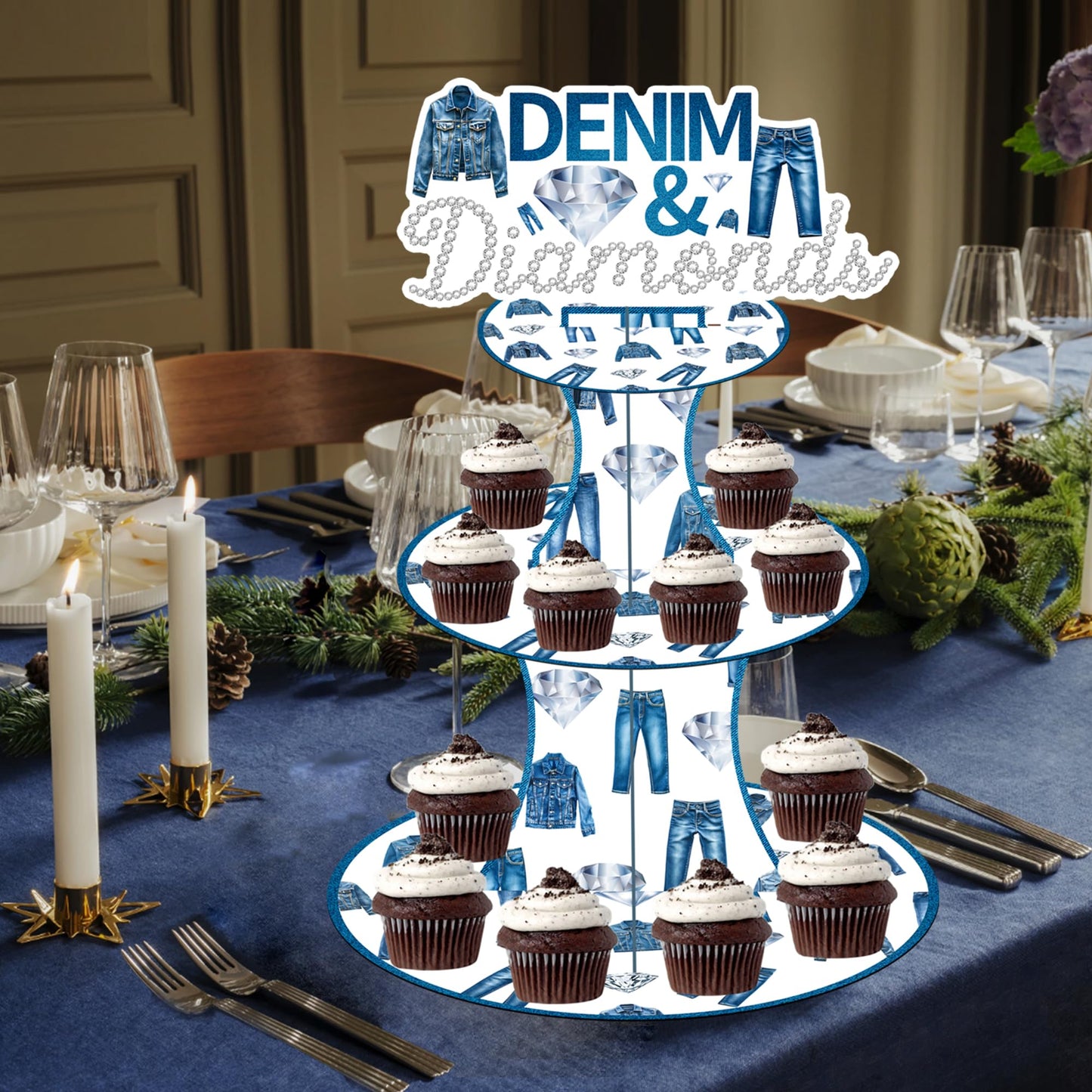 umoni Denim and Diamonds Cupcake Stand 3-Tier Denim Jean Cupcake Holder Denim Themed Party Dessert Tower for Crystal Diamonds Party Supplies