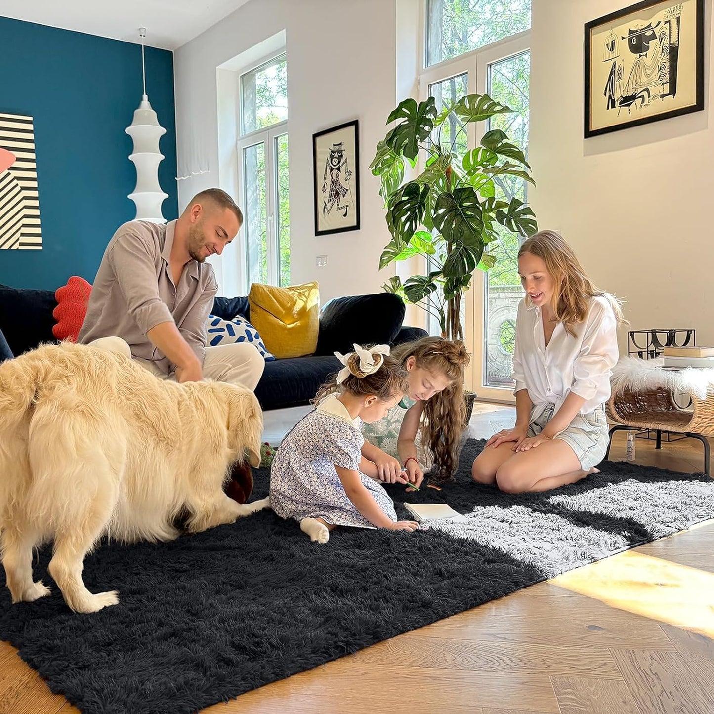 OLANLY Soft Fluffy Shaggy Bedside Rug - Machine Washable 3x3 ft | Ideal for Bedroom & Nursery Decor - Black