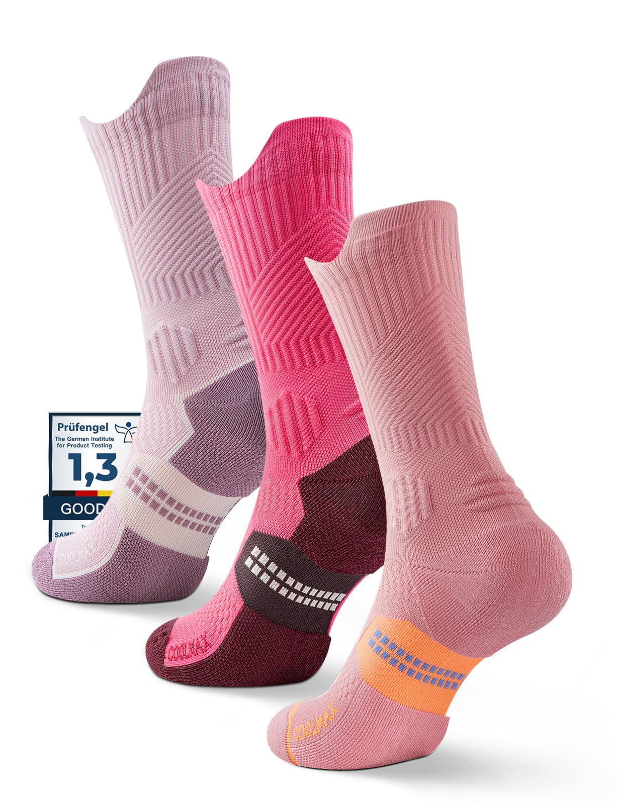 Juclise Bamboo Viscose Compression Running Crew Socks, Coolmax Moisture-Wicking Anti-Blister Hiking&Gym Athletic Socks (US, Alpha, Large, Regular, Regular, Sandy Melon+Watermelon+Dusty Pink)