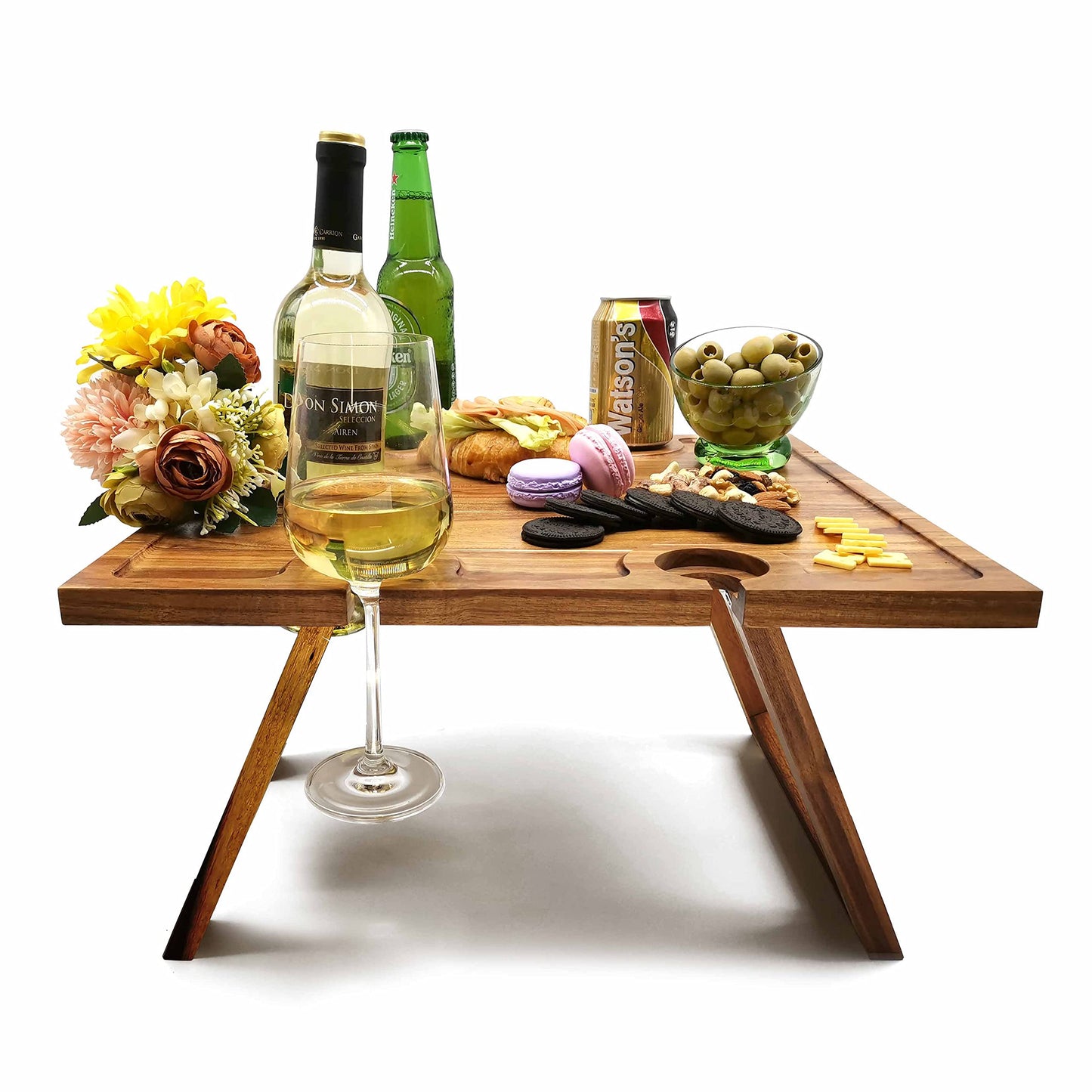 SASIDO Portable Wine Picnic Table, Acacia Wood, Larger Tray Foldable, Charcuterie Board, Wine Gift, Decor for Romantic Camping, Engagement Party, Concerts, Glamping, Winter Adventure