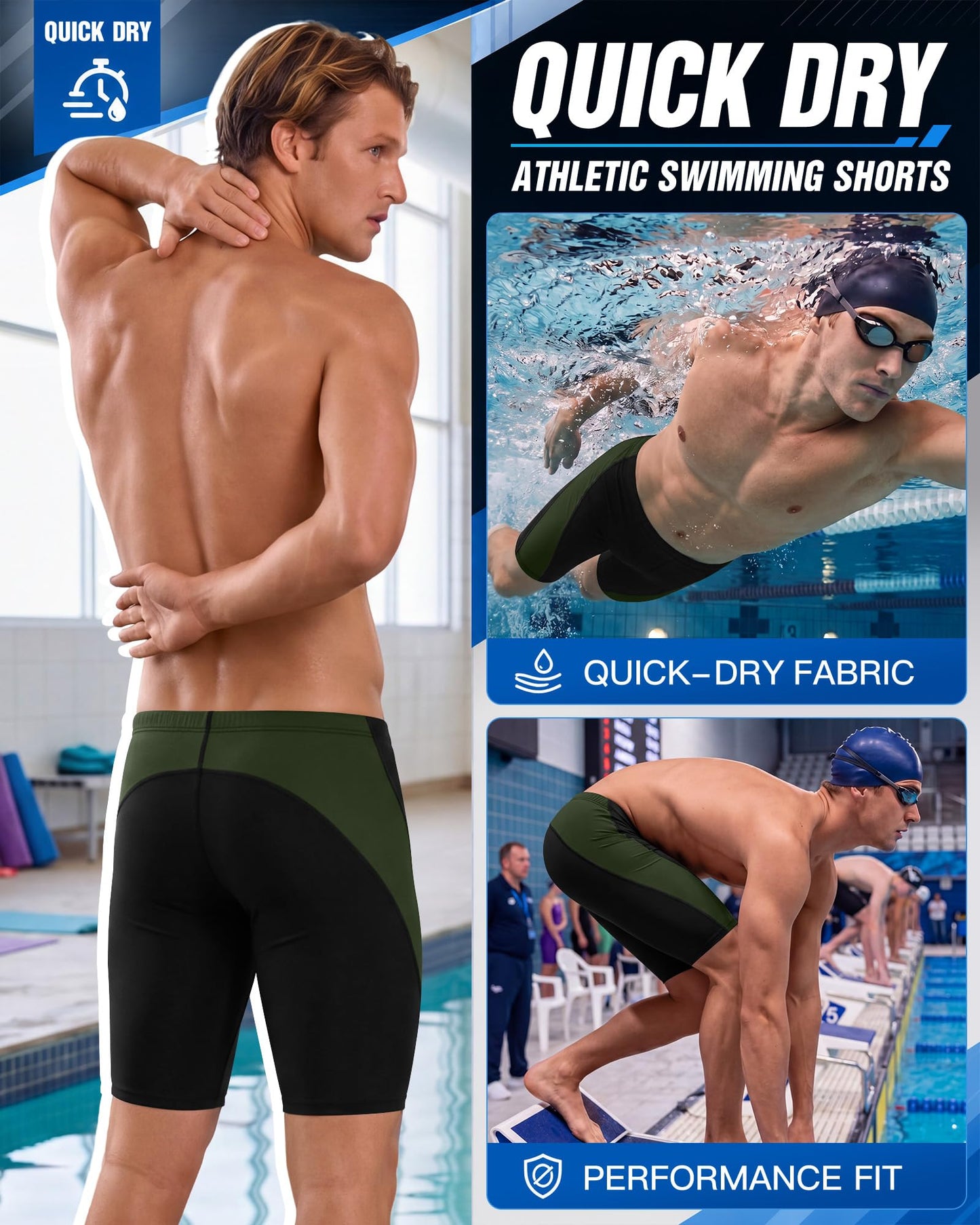 Ficerd Men's Swim Jammer UPF 50+ Quick Dry Athletic Competitive Training Swimwear Swimming Shorts with Drawstring(Black Green,Large)