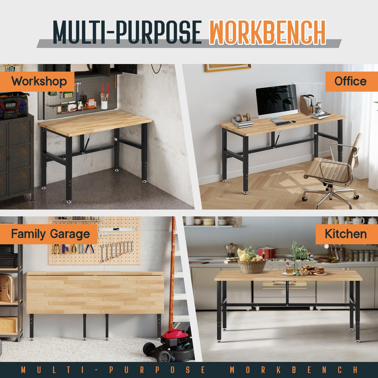 SPECRAFT 72x24 Folding Workbench, Adjustable Foldable Workbench with 2000 LBS Capacity, 30.7"-40" Height, Rubber Wood Top for Garage, Workshop, Office