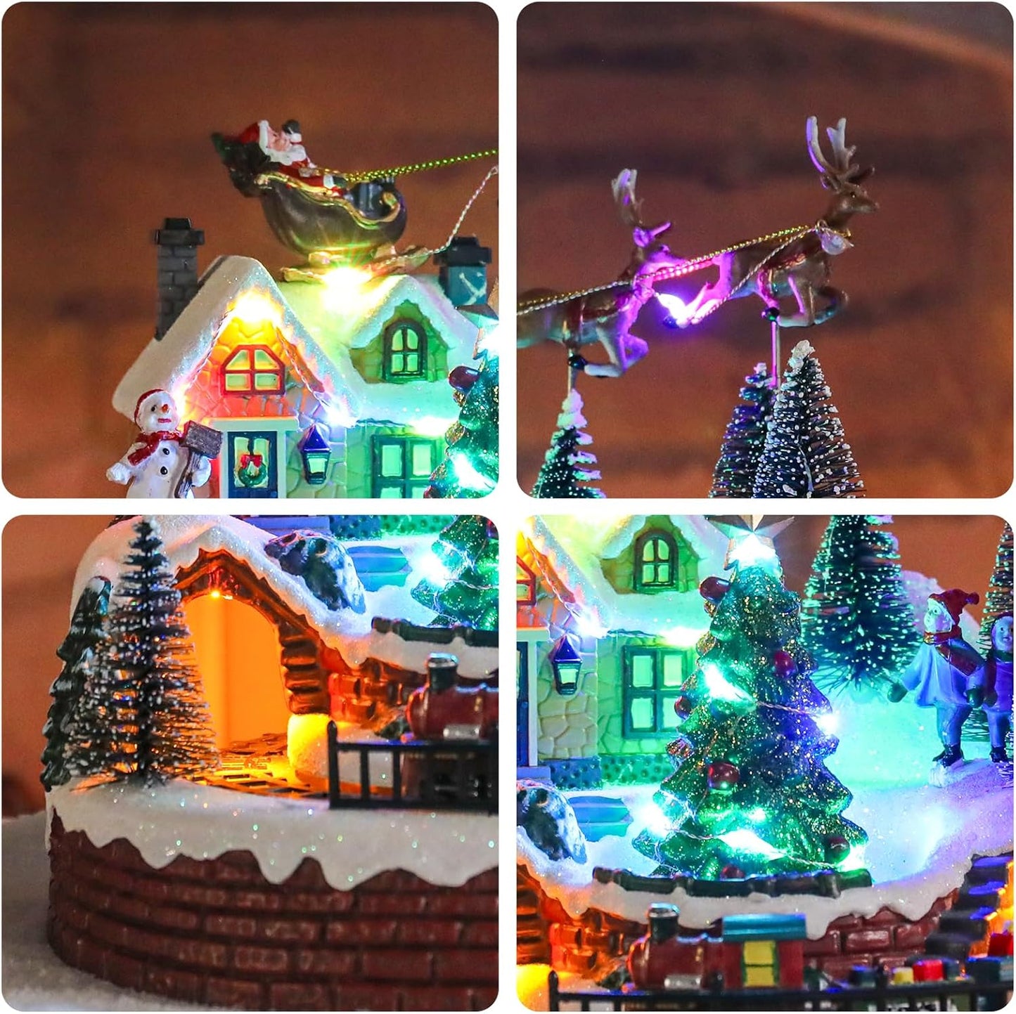 Vipush Christmas Village House Decorations - Resin Train Set with LED Lights & 8 Holiday Songs | Flying Santa Figurines