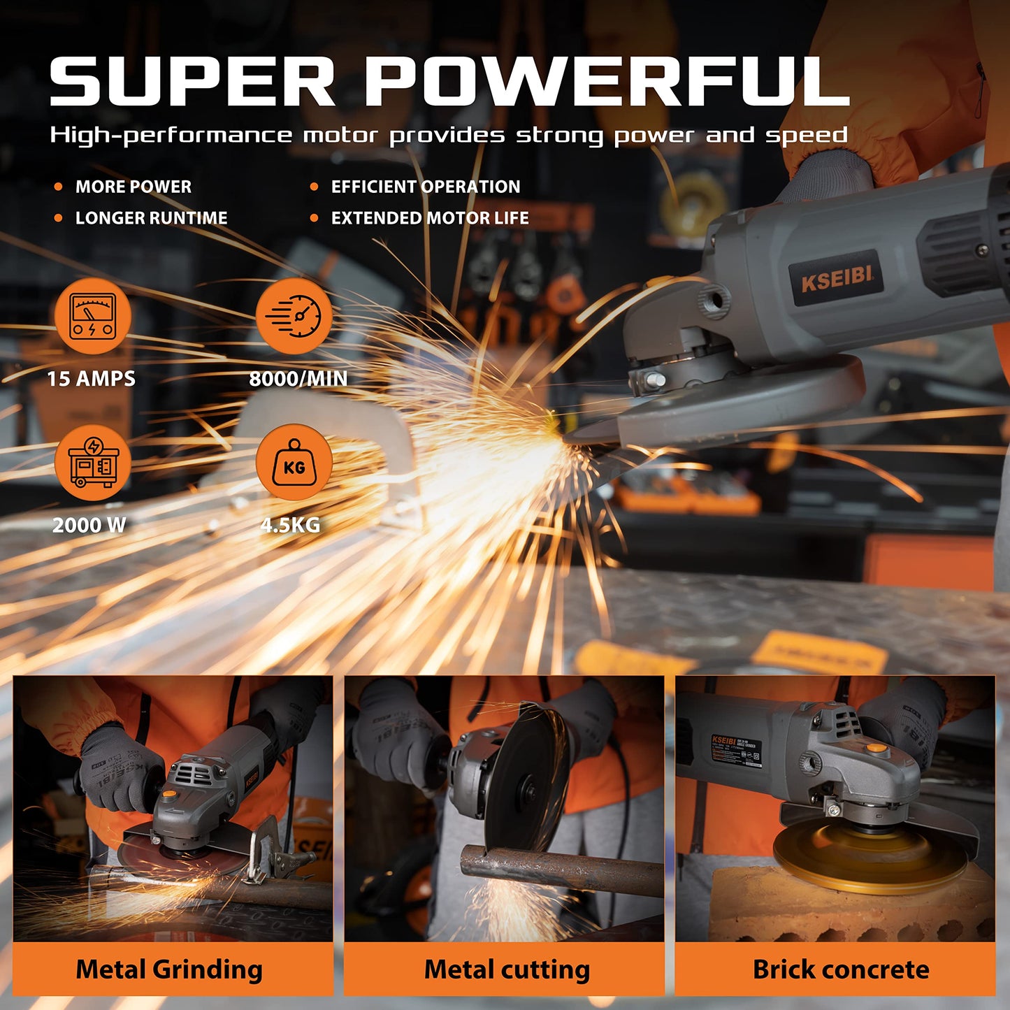 KSEIBI 711955 Concrete Grinder 7 inch, Concrete Grinding Wheel 15Amps Powerfull Motor for Industrial Grinding and Cutting Projects