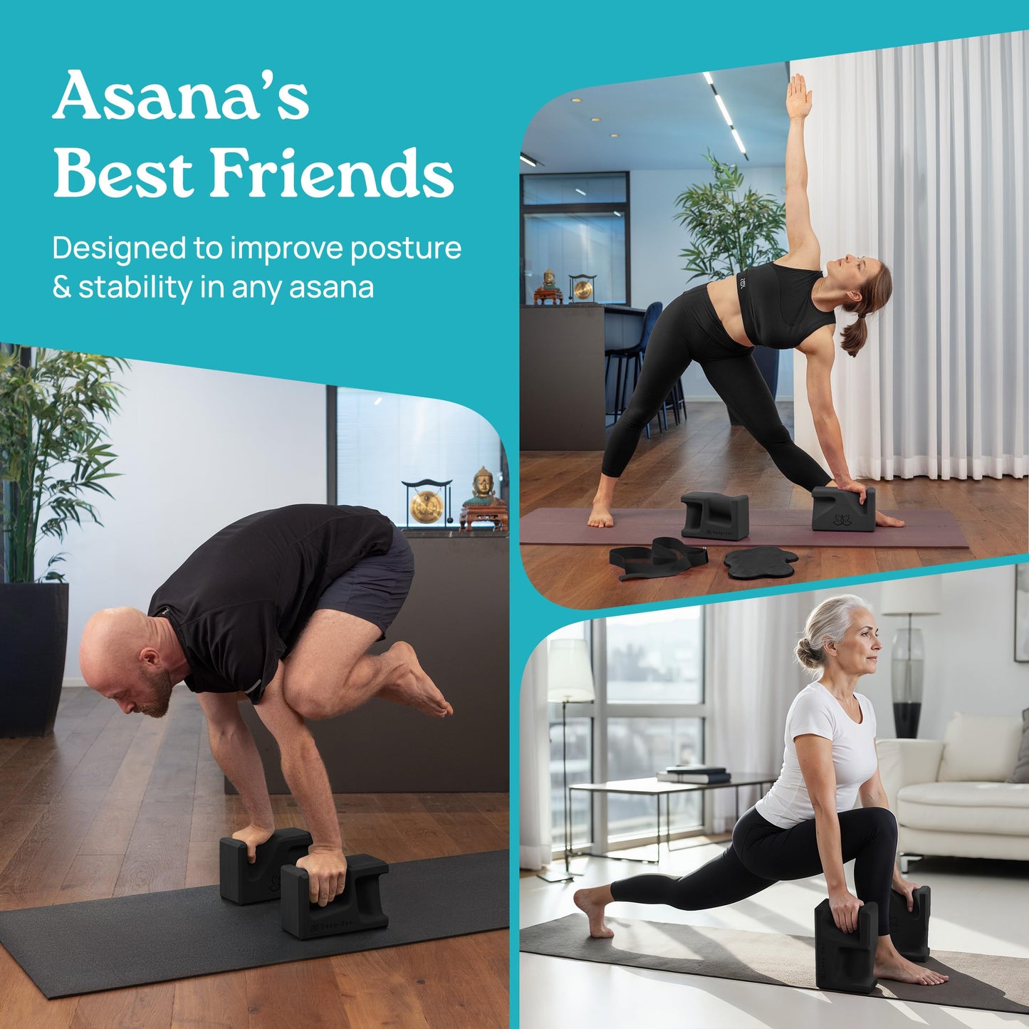Deep-Zen PRO Yoga Blocks | Ergonomic Yoga Block 2 Pack for Wrist Comfort and Support | EVA Foam Exercise Blocks, 2x Knee Pads & Yoga Strap | Pilates Block Set | Bricks to Eliminate Wrist Pain, Black