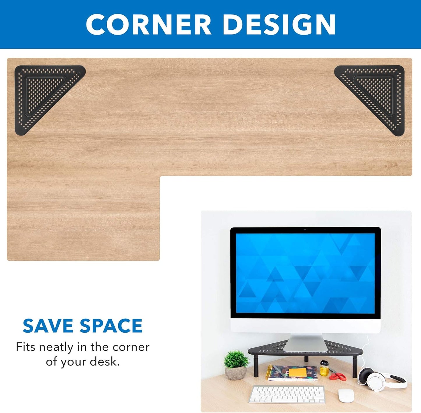 Corner Monitor Stand | Adjustable Height Corner Desk Shelf | Triangle Screen Riser, Ergonomic Space Saving Design