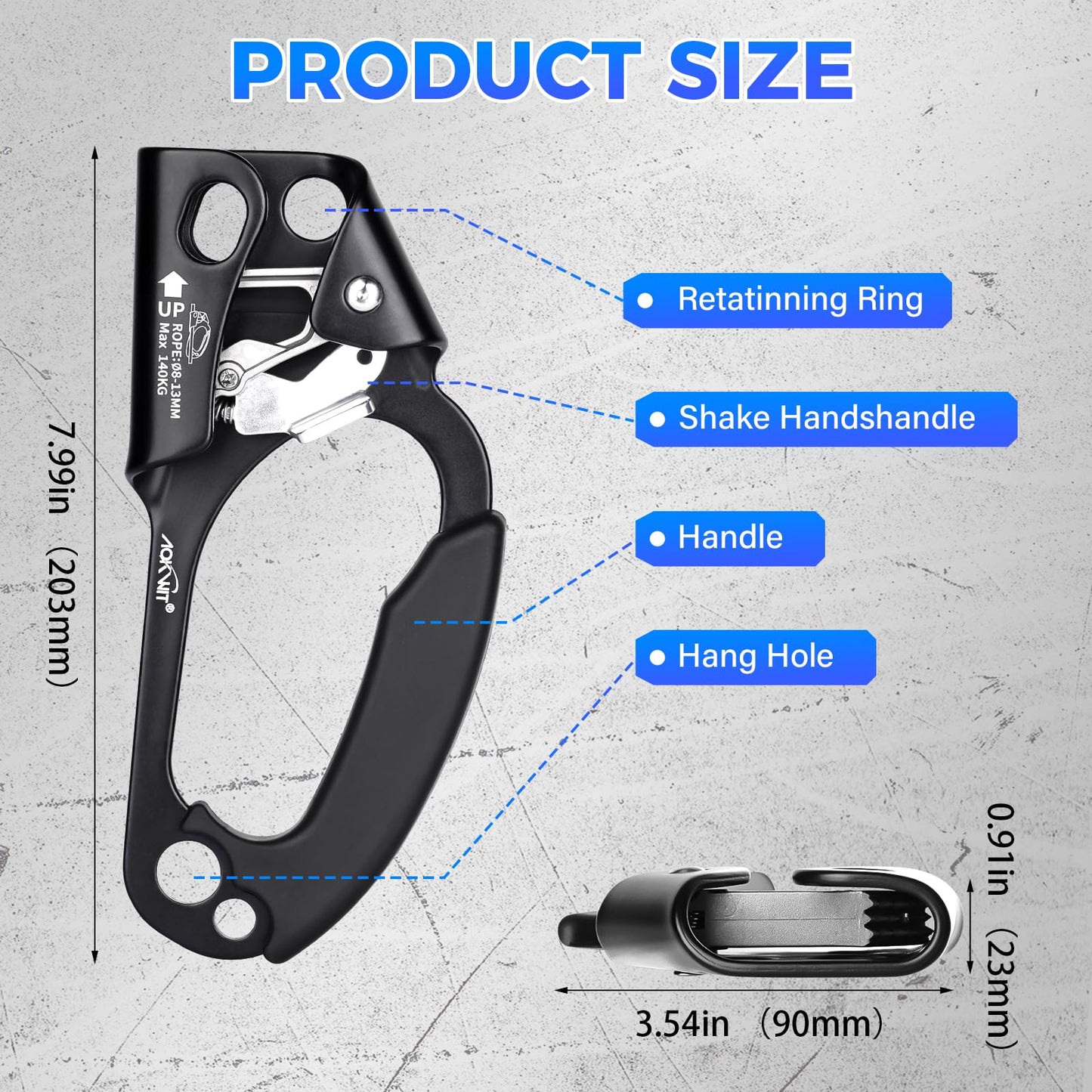 Erosados Hand Ascender for Outdoor Rock Climbing Ascender Strong Rappelling Gear for 8-13mm Rope Climbing Equipment for Tree Climbing Mountaineering Caving Adventures (Right Hand)