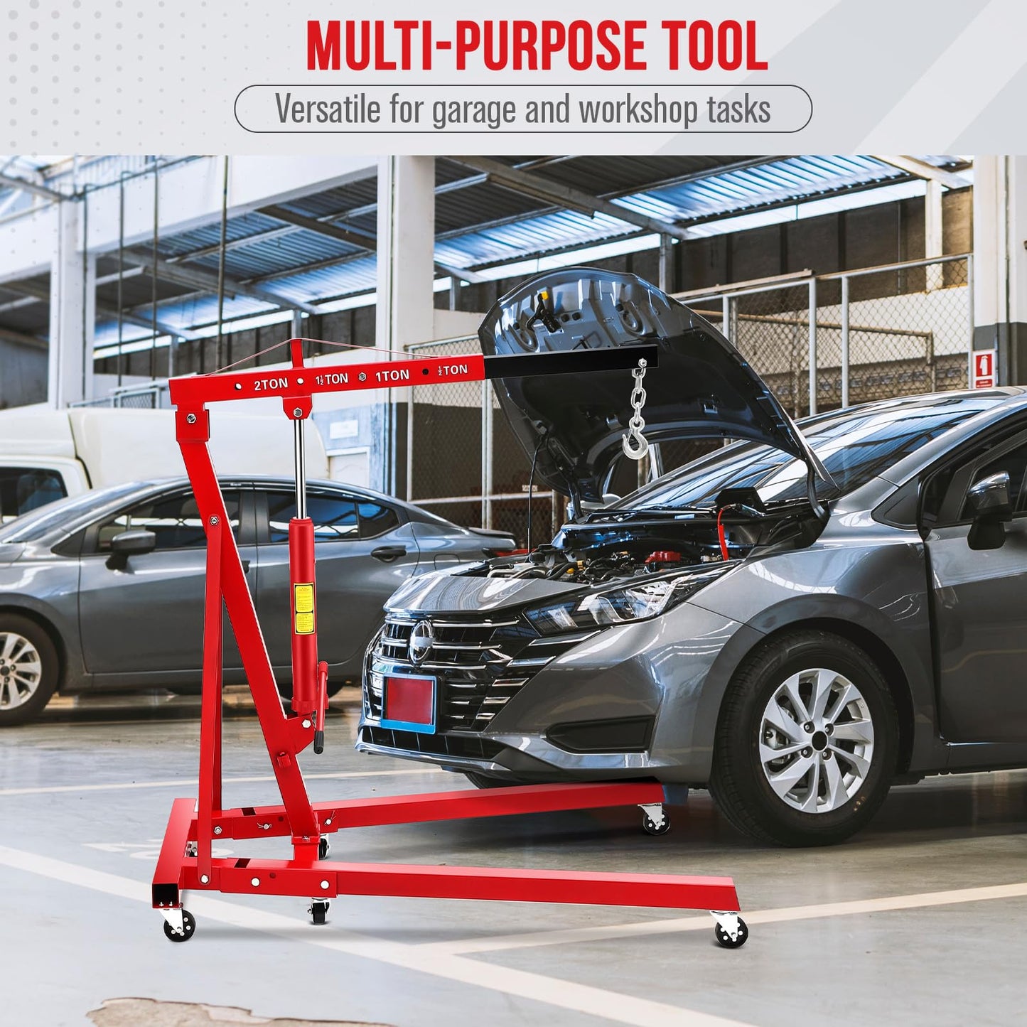 GarveeLife 2-Ton Folding Hydraulic Engine Hoist, Shop Crane with Telescopic Boom & 6 Casters, 4400 Lbs Foldable Cherry Picker Lift for Home Garage, Workshop, Warehouse, Heavy-Duty, Red