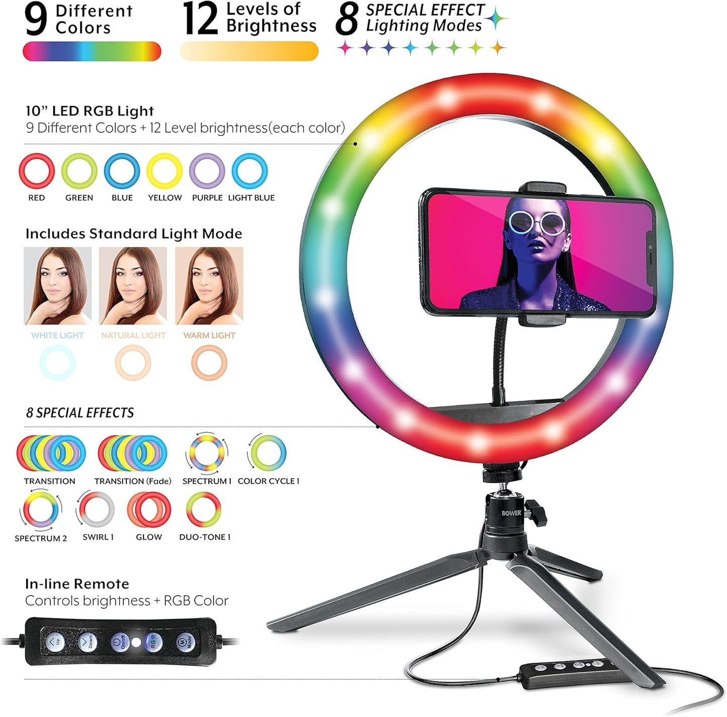 Bower 10 inch 9 12 RGB Selfie Desktop Ring Light Stand Studio Kit - Ultra Wide Range, Colors, Brightness Levels