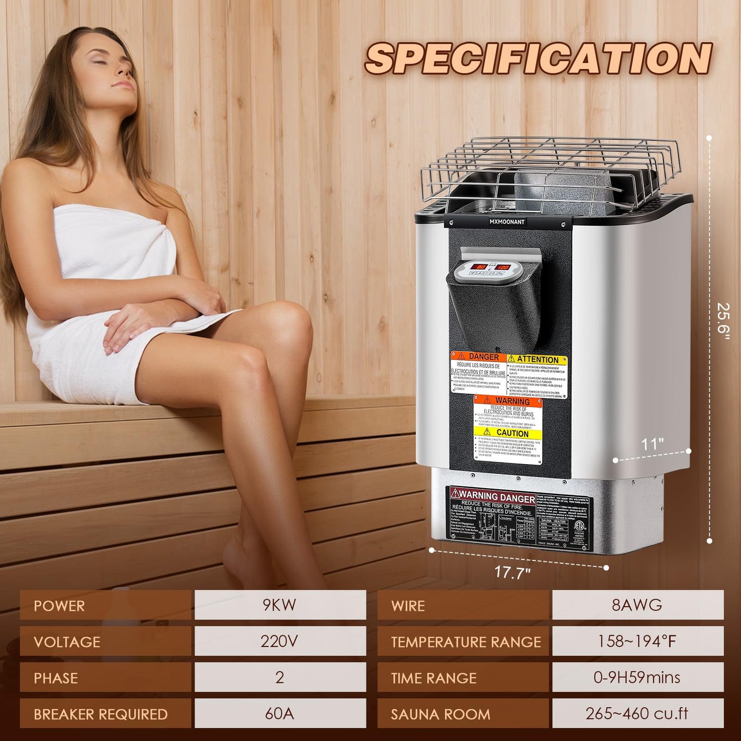Mxmoonant Sauna Heater, 9KW 220V Electric Sauna Heaters Built-in Digital Control Sauna Stove Dry Steam Sauna Bath for Home Hotel Spa Max. 460 Cu.ft with Sauna Hygrothermograph