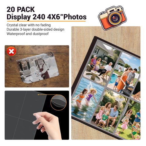 4x6 Photo Album Refill Pages for 3 Ring Binder, 20 Pack Vertical Clear Plastic Photo Sleeves, Holds 240 Photos, Acid-Free Page Protectors, Large Capacity Family Wedding Anniversary Baby Picture Albums