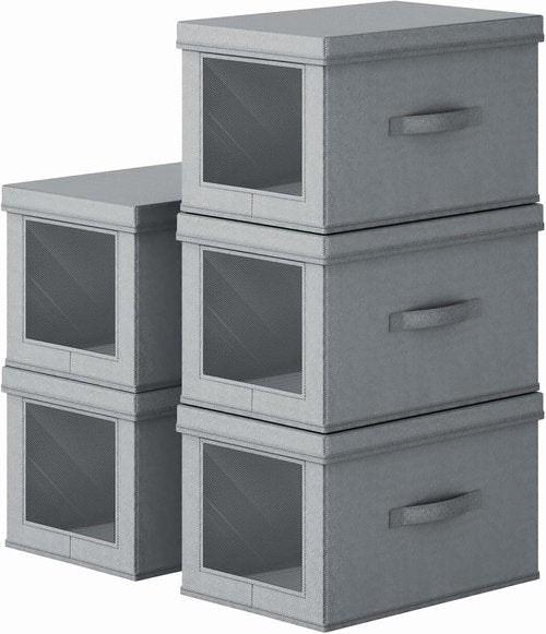 Homsorout Collapsible Storage Bins - Foldable Decorative Boxes with Lids & Side Window | 15-Inch Grey Organizer Bins (5 Pack)
