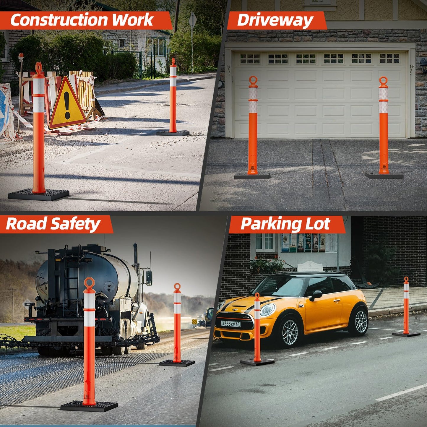 RoadHero 42 Inch Delineator Post with Base, Portable Orange Traffic Delineator Posts Cones with Reflective Collars for Parking Lots, Road Safety, Construction Events (6 Pack)