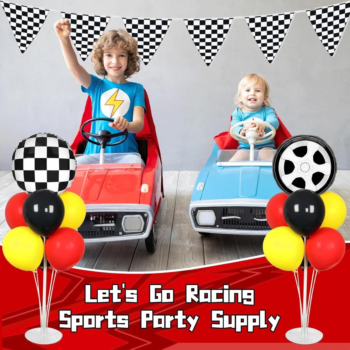 Skiennix Race Car Party Balloons Kit - 2 Sets with Checkered Foil Balloons | Red, Black, Yellow Decor for Boys' Birthday Parties