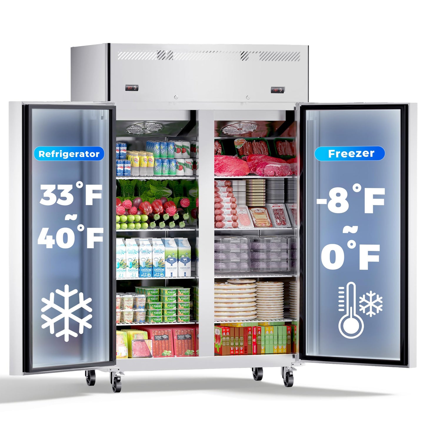 Ferueo Commercial Refrigerator and Freezer Combo, 48" W 2 Door Dual Temperature Zones Freezers, 39 Cu.ft Commercial Refrigerators with 8 Adjustable Shelves for Restaurant Shop Bar