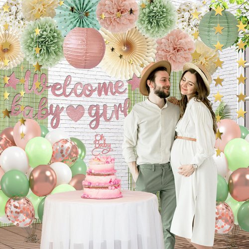 Dusty Pink Sage Green Baby Shower Decorations - Welcome Baby Girl Banner, Retro Pink Green Rosegold Balloons, 'Oh Baby' Cake Topper, Pom Poms Flowers Paper Fan For Birthday Jungle Woodland Party