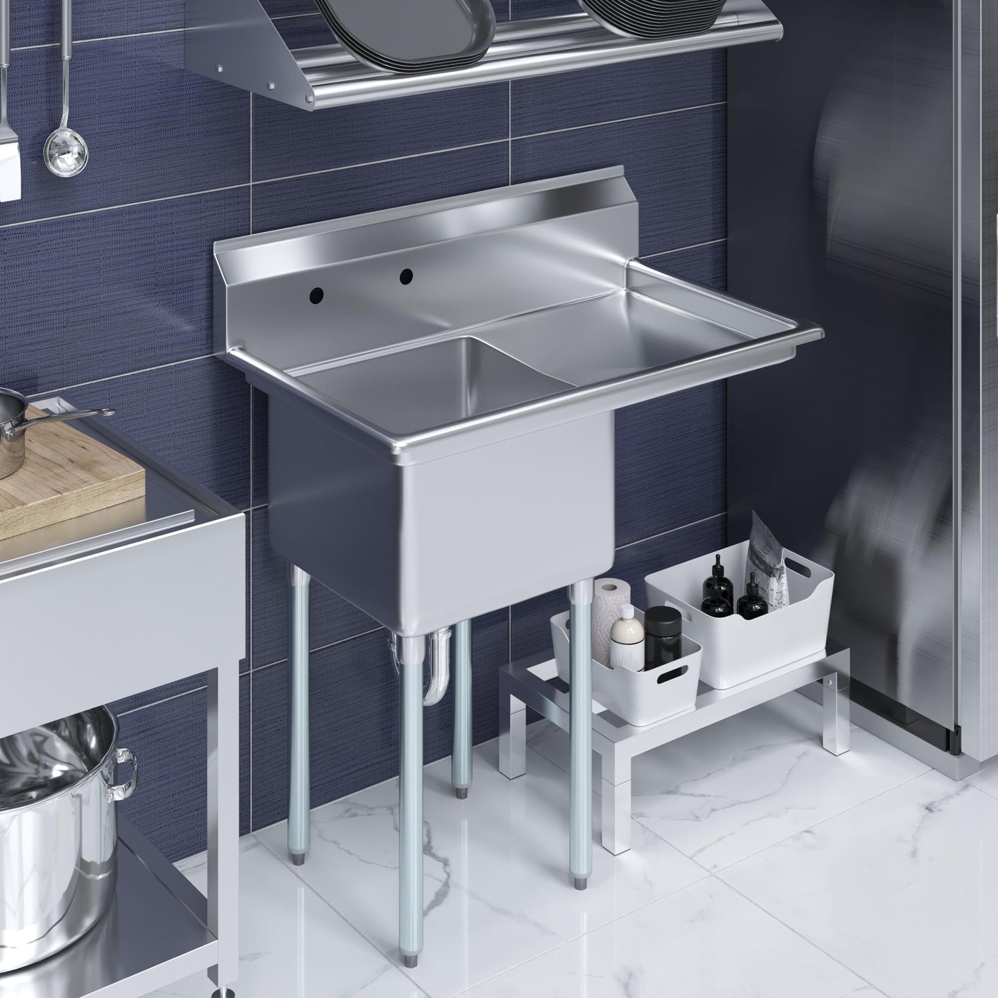 39 in. x 23.5 in. Stainless Steel One Compartment Sink with 18 in. x 18 in. Bowl and 18 in. Right Drainboard. NSF