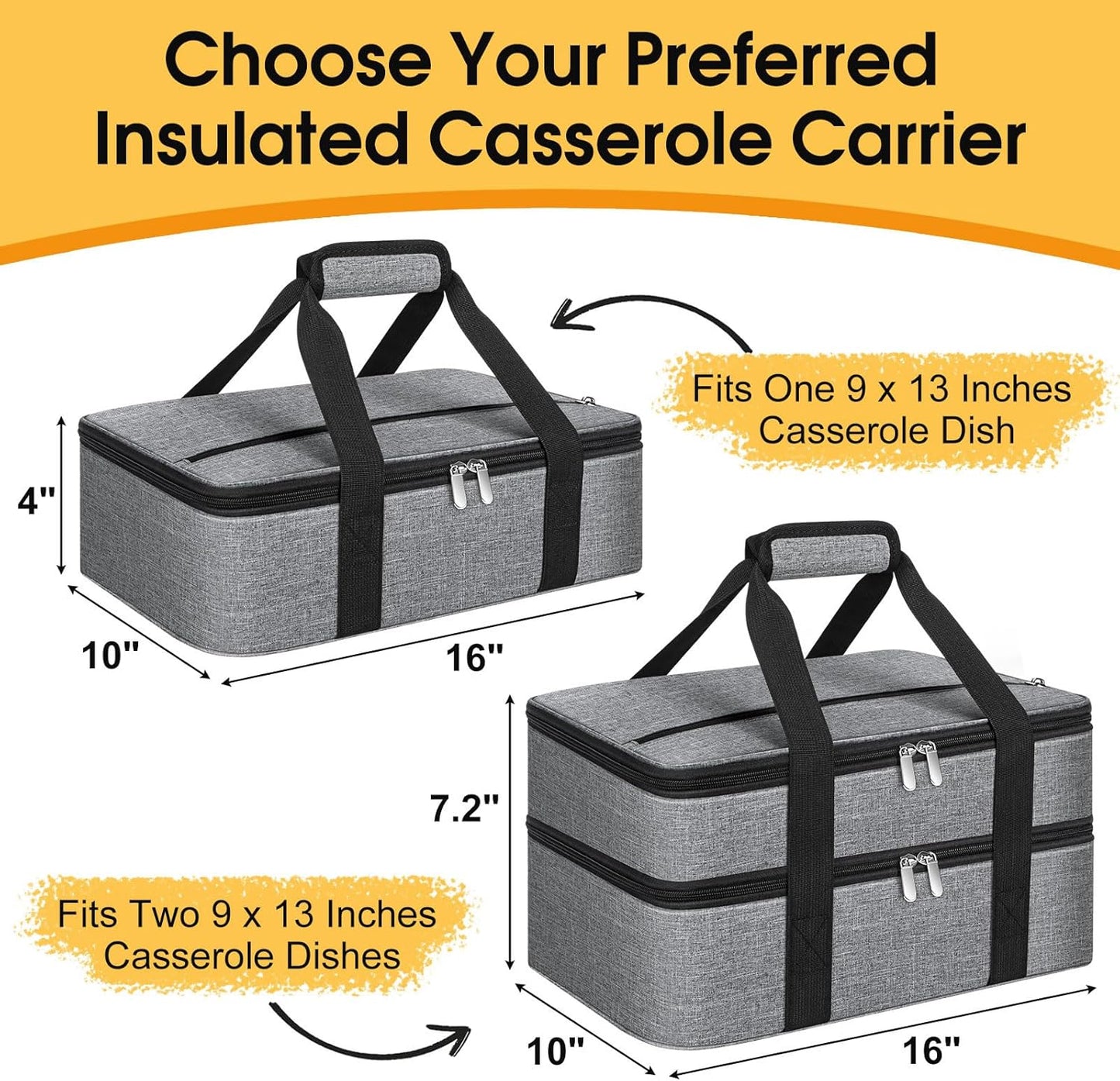 Skiennix Insulated Casserole Carrier - Portable Hot/Cold Food Tote for Potlucks | Fits 9" x 13" Dish - Grey