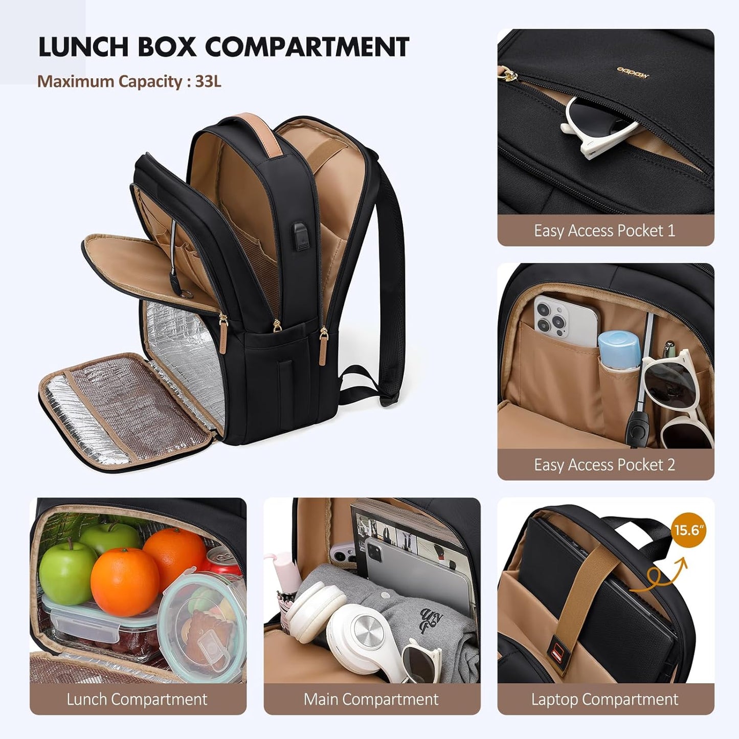 Backpack Men,15.6Inch Backpack pack MDODO Lunch for Women Insulated Lunch Box with USB Charging Port, Diaper Laptop