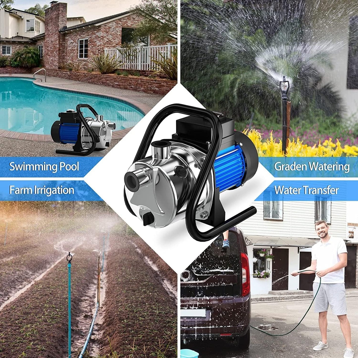 PANRANO Water Transfer Pump 110V Shallow Well Pump 1.6HP 1800GPH Electric Portable Garden Pressure Booster Pumps for Pool Draining Farm Irrigation Lake Lawn Sprinkler System