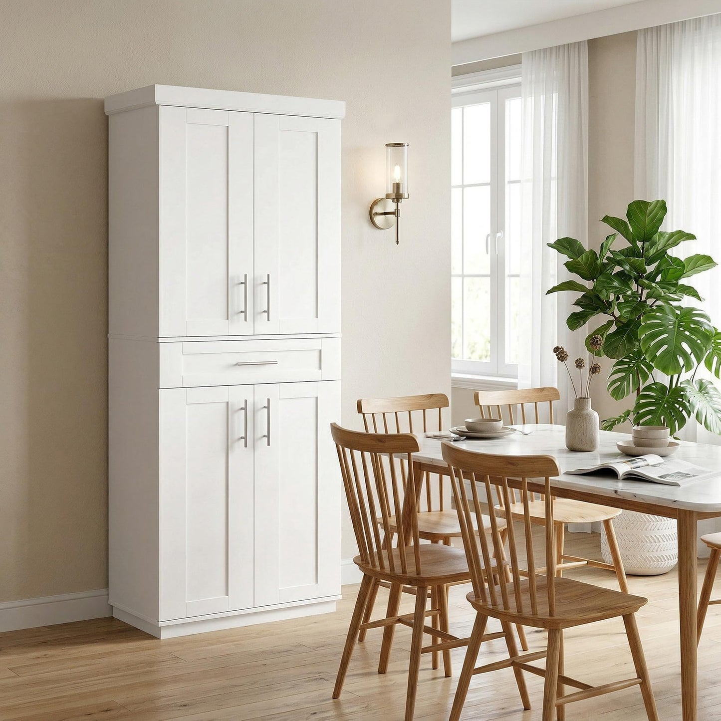 HOMCOM 72" Kitchen Pantry Cabinet, Freestanding Tall Storage Cabinet with 4 Doors, Drawer and 3 Adjustable Shelves for Dining Room, White