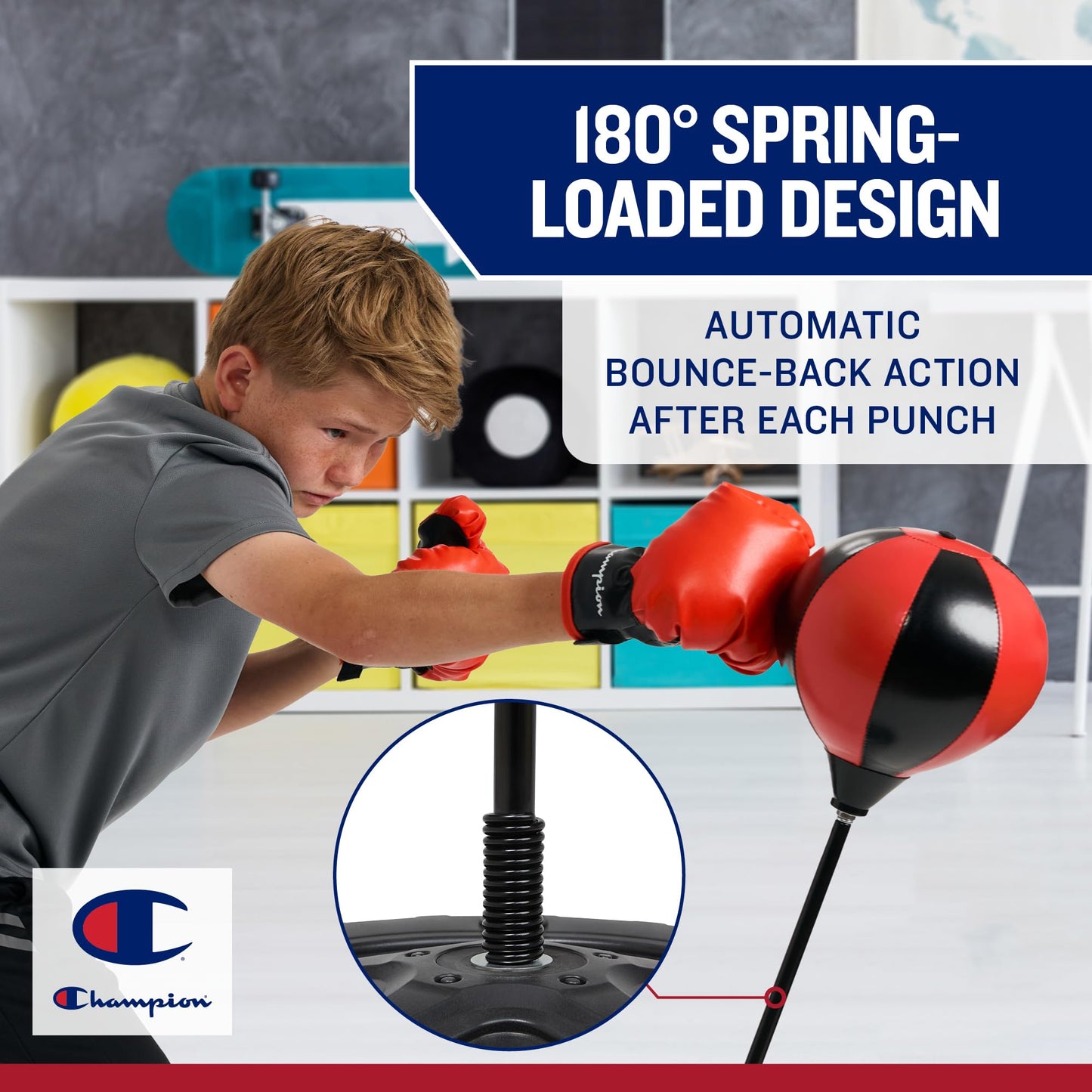 Champion Kids Punching Bag Set for Ages 3-10 – Adjustable 30"–43" Stand, Spring-Rebound Boxing Bag, PU Foam Gloves & Fillable Base – Indoor & Outdoor Youth Boxing Set