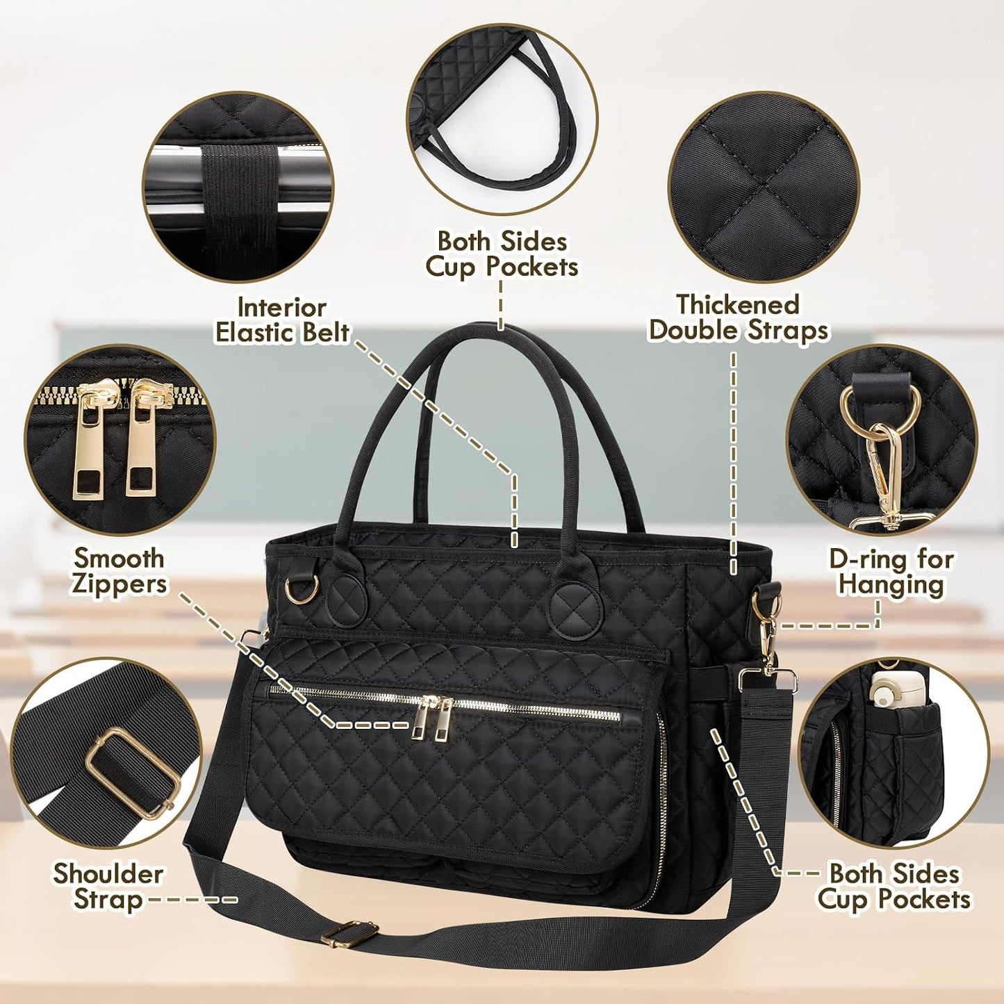 15.6 Inch, Teacher Tote Bag Large Work Tote Bag With Laptop Compartments, Quilted Women Messenger Bag With Shoulder
