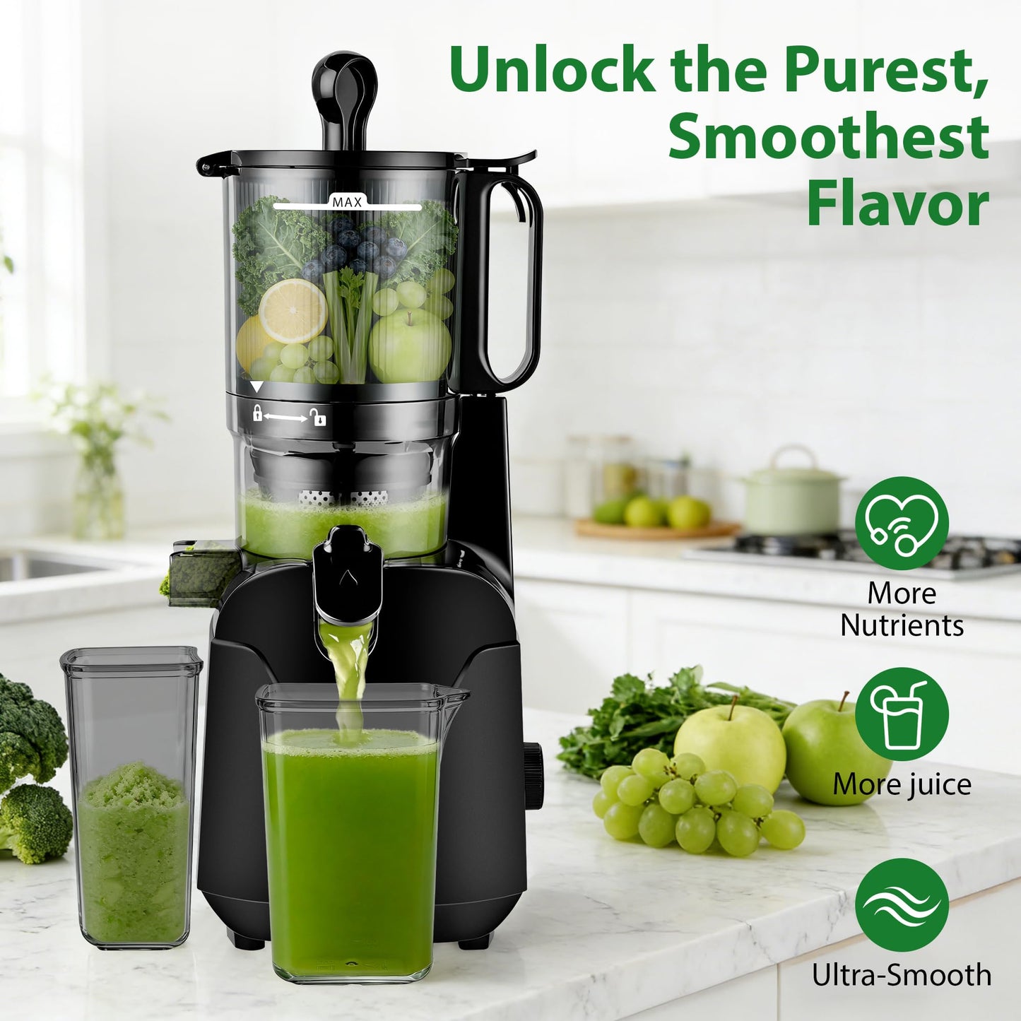 SUSTEAS Juicer Machines with 5.3" Extra Wide Chute,Cold Press Juicer for Whole Fruits & Vegetables, 64oz Capacity Juice Extractor 250W, Easy to Clean, High Juice Yield, Home Juicer, Premium Black