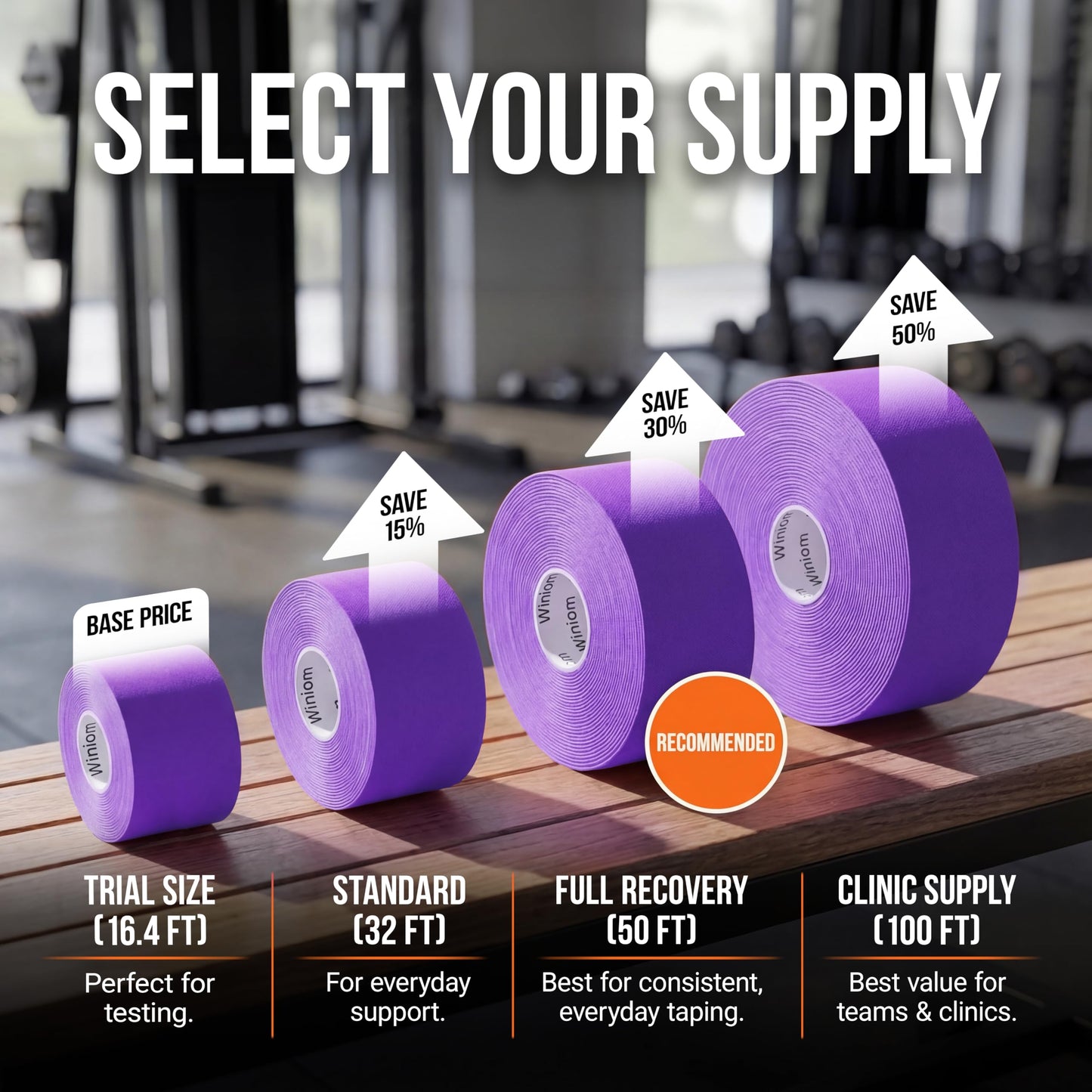 WINIOM Kinesiology Tape - Waterproof Athletic Sports Tape for Knee, Shoulder, Arm & Back Support | 3-5 Day Adhesion, Hypoallergenic & Latex-Free + Taping Guide (Uncut, 2" x16.4ft Roll, Indigo Purple)