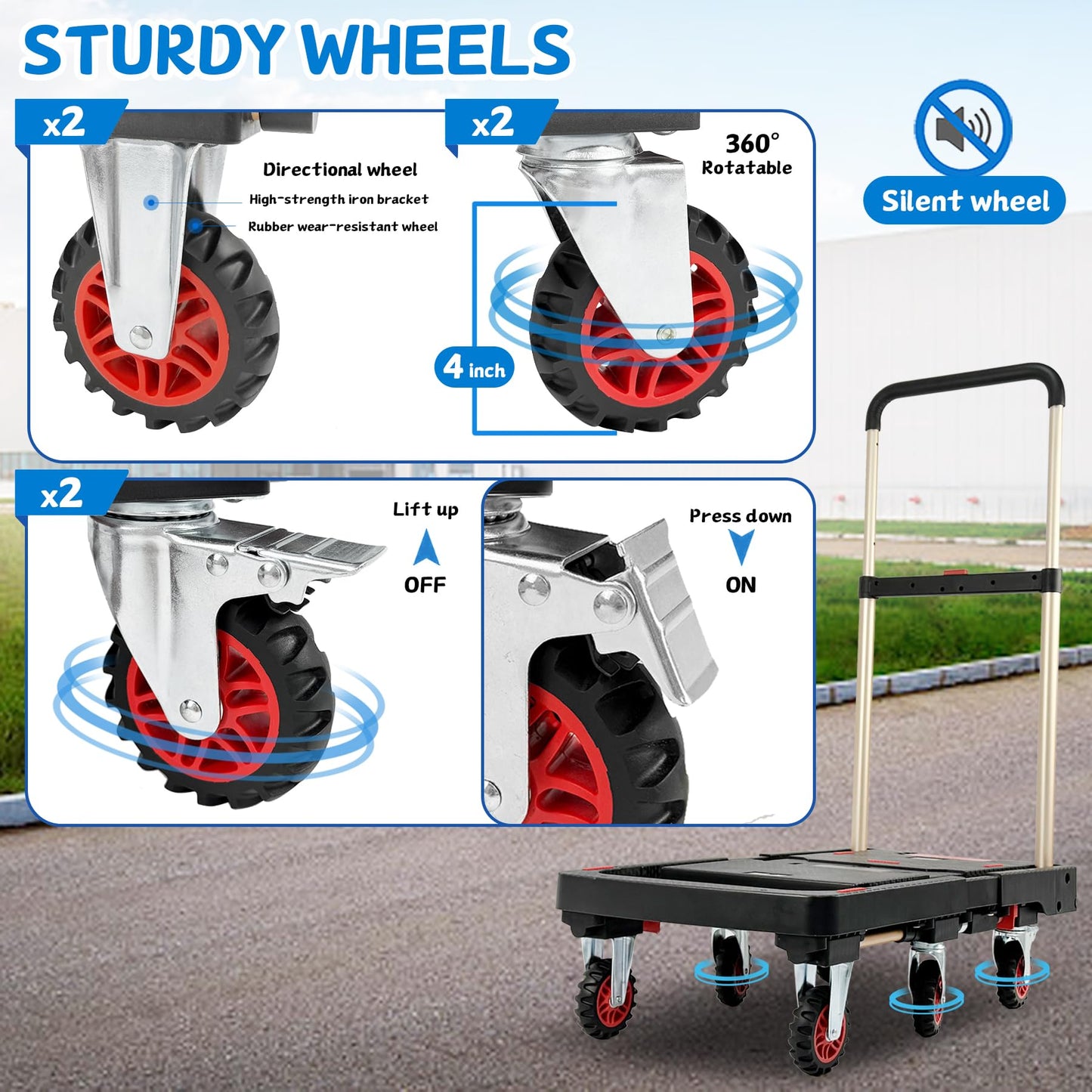 Heavy Duty 600lbs Capacity Platform Truck, Collapsible Dolly Cart w/Brake Wheel, Retractable Platform & Handle,Sponge Grip,Portable Dolly Cart for Luggage,Camping,Delivery & Storage