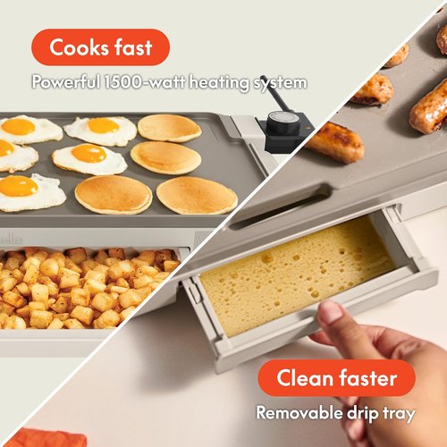 Bella Electric Griddle - 10" x 20" with Warming Tray & Nonstick Coating | 1500 Watt, Oatmilk Color