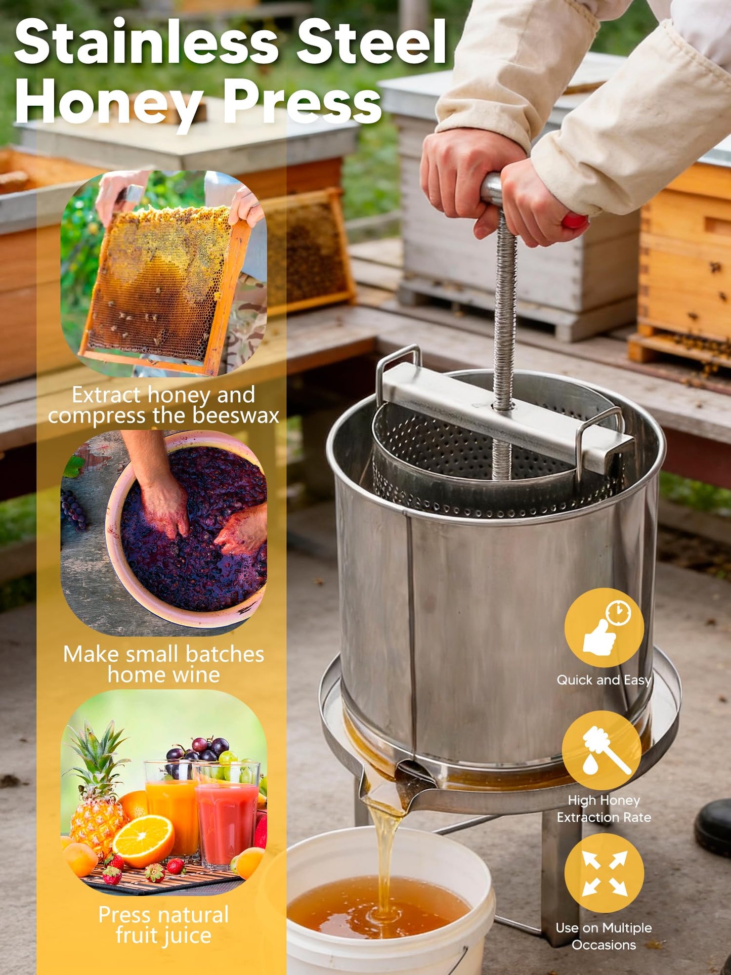 Duseu Honey Press Extractor Machine, Stainless Steel Honey Spinner Extractor Manual, Uncapping Needle Roller, 4 PCS Mesh Honey Strainer Bag, Honey Extraction Equipment for Wine Honey and Juice Making
