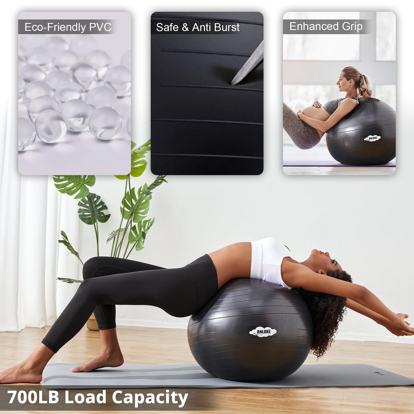 Yoga Ball for Exercise Fitness & Balance, Anti-Burst Stability Ball Chair, Birthing Ball for Pregnancy -M (19"~22") 55cm, Black