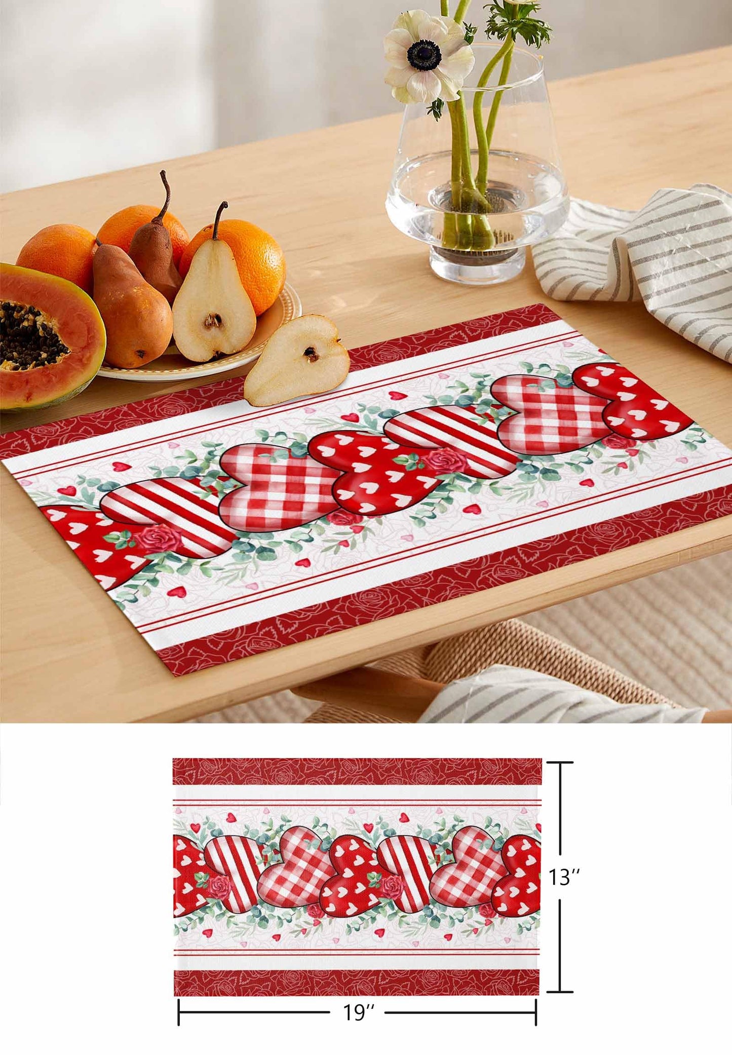Valentines Day Placemats Set of 6 Washable Table Mats for Kitchen Dining Table, Love Rose Heart Heat-Resistant Cotton Linen Place Mats for Indoor Outdoor Parties Holiday Decoration, Red