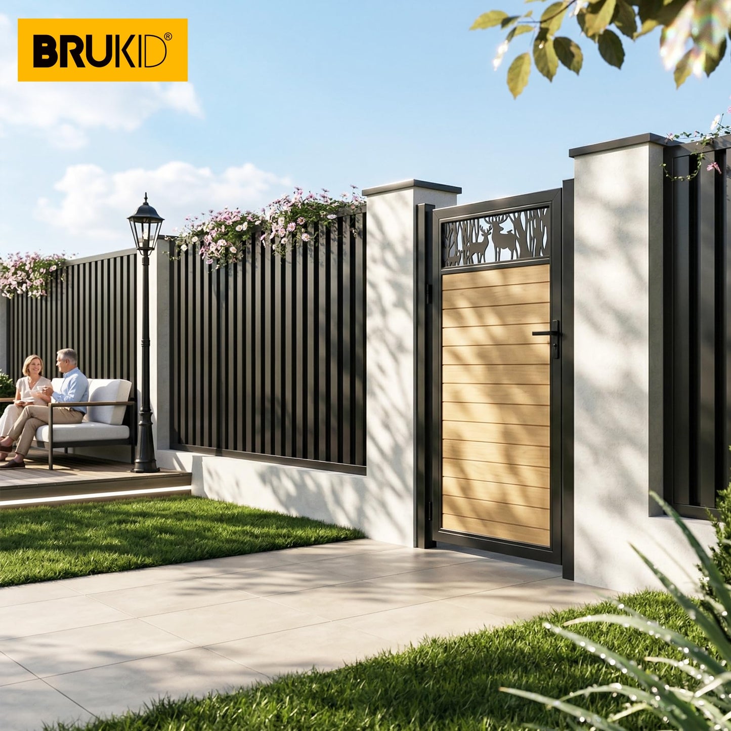 Brukid 3x6 FT Aluminum Fence Gate Kit Wood Grain Aluminum Gate with Decorative Cutout, Lock & Hinges, Left/Right Opening, Weather Resistant for Yard Garden Patio