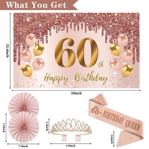 60th Birthday Decorations for Women, Pink Gold Happy 60th Birthday Banner Crown and Sash Balloons Backdrop Hanging Swirls Paper Fans, 60 Years Old Party Supplies Kit 32PCS