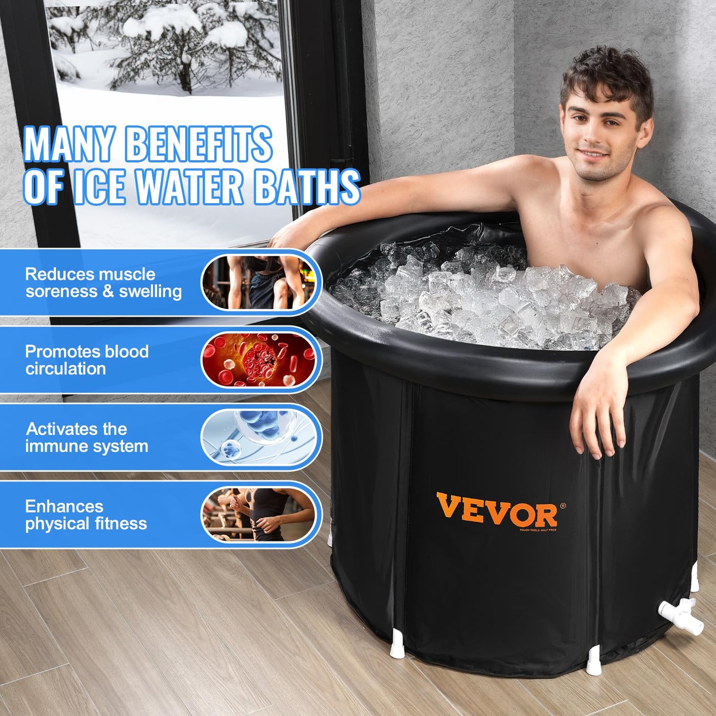 VEVOR Ice Bath Tub, Cold Water Therapy Plunge Tub for Athletes, Portable Outdoor Ice Barrel Plunge Pool for Recovery, 90 Gal Inflatable Folding Bathtub with Cover, Home Ice Pod for Adult, 32"Lx30"H