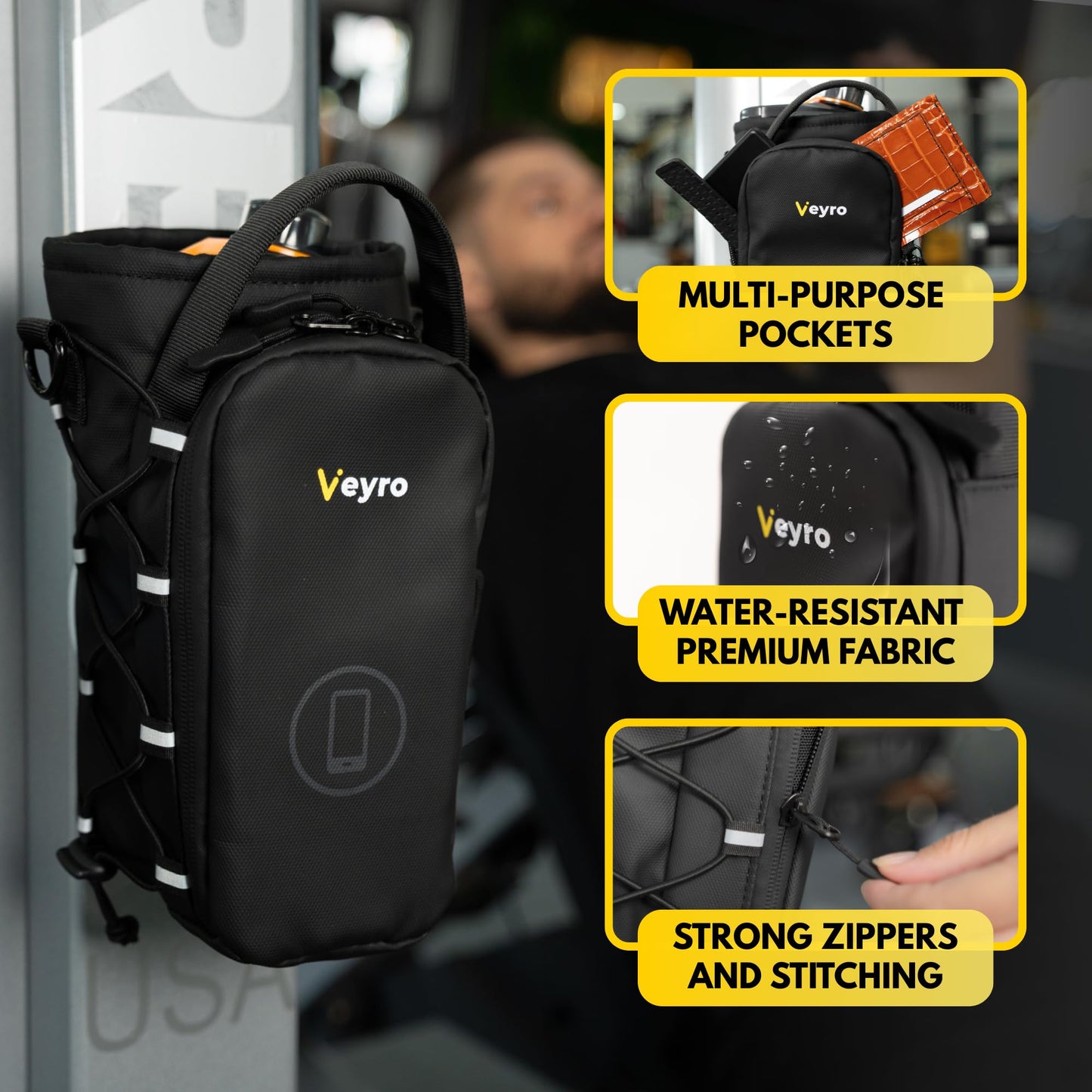 Veyro Magnetic Gym Bag with strong Magnetic Phone Holder - Gym water bottle bag holder for men and women - Compact Gym Crossbody Pouch - Compact Crossbody Pouch (Black)