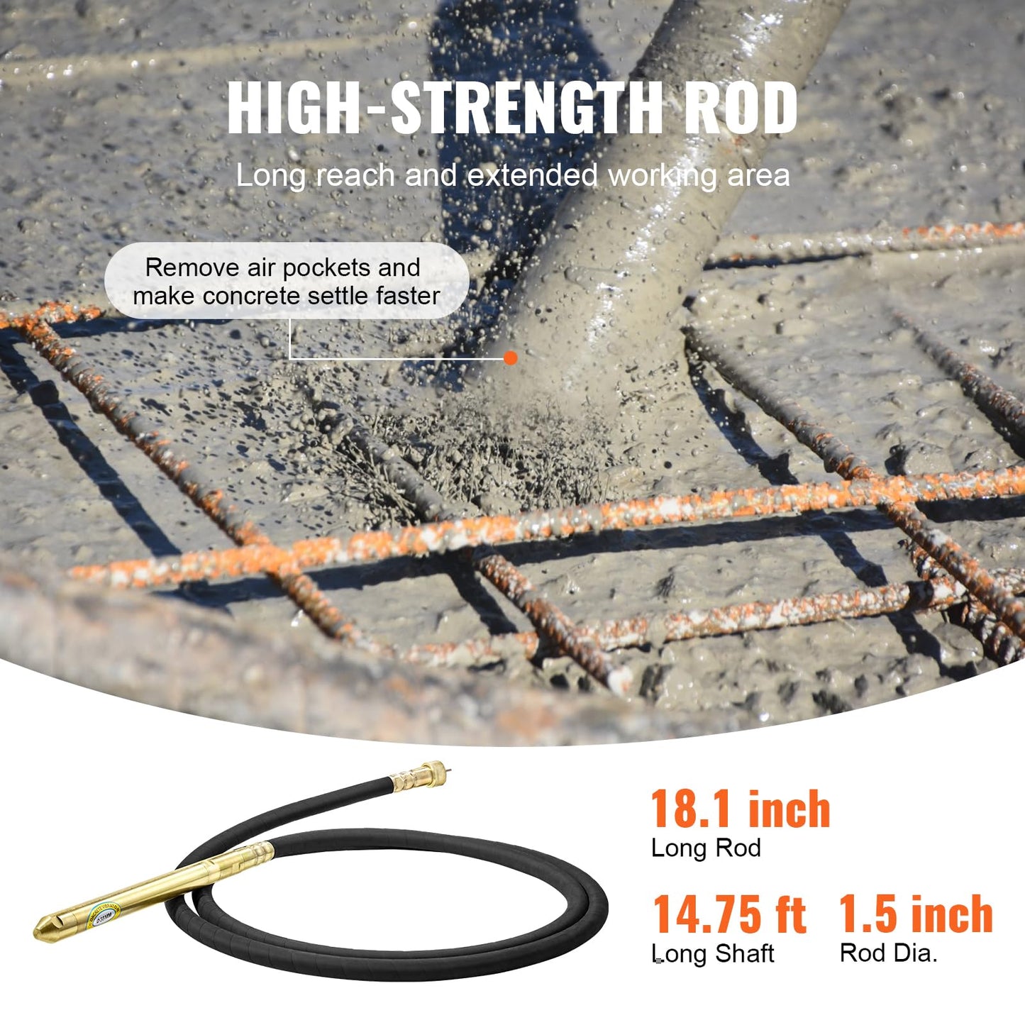 VEVOR Concrete Vibrator, 1300W Power, 16000 Vibrations Per Minute, Durable 2HP Copper Engine, Portable for Construction, Comes with 14.75ft Shaft, Ideal for Removing Air Pockets & Smoothing