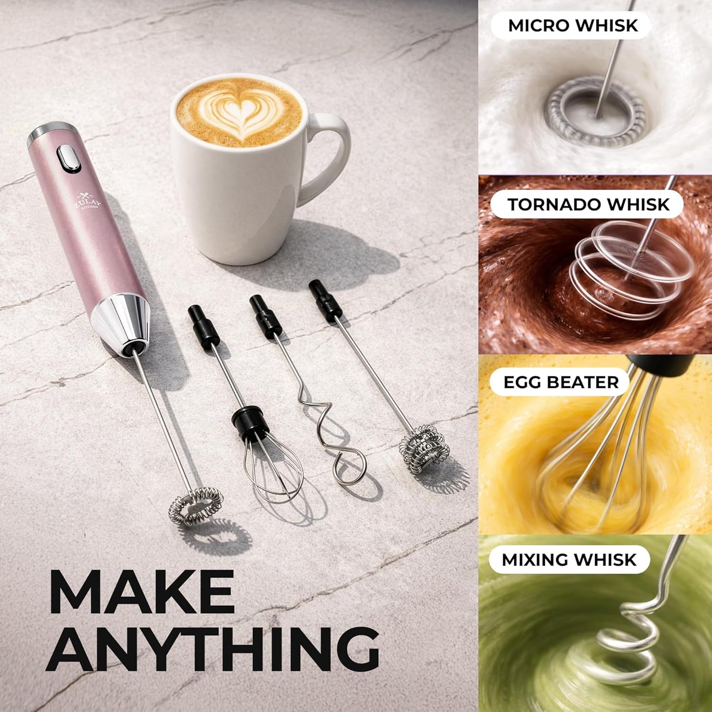 Zulay Kitchen Rechargeable Milk Frother - Handheld Electric Drink Mixer with 3 Whisk Attachments | USB-C Charging, Lasts 6 Months