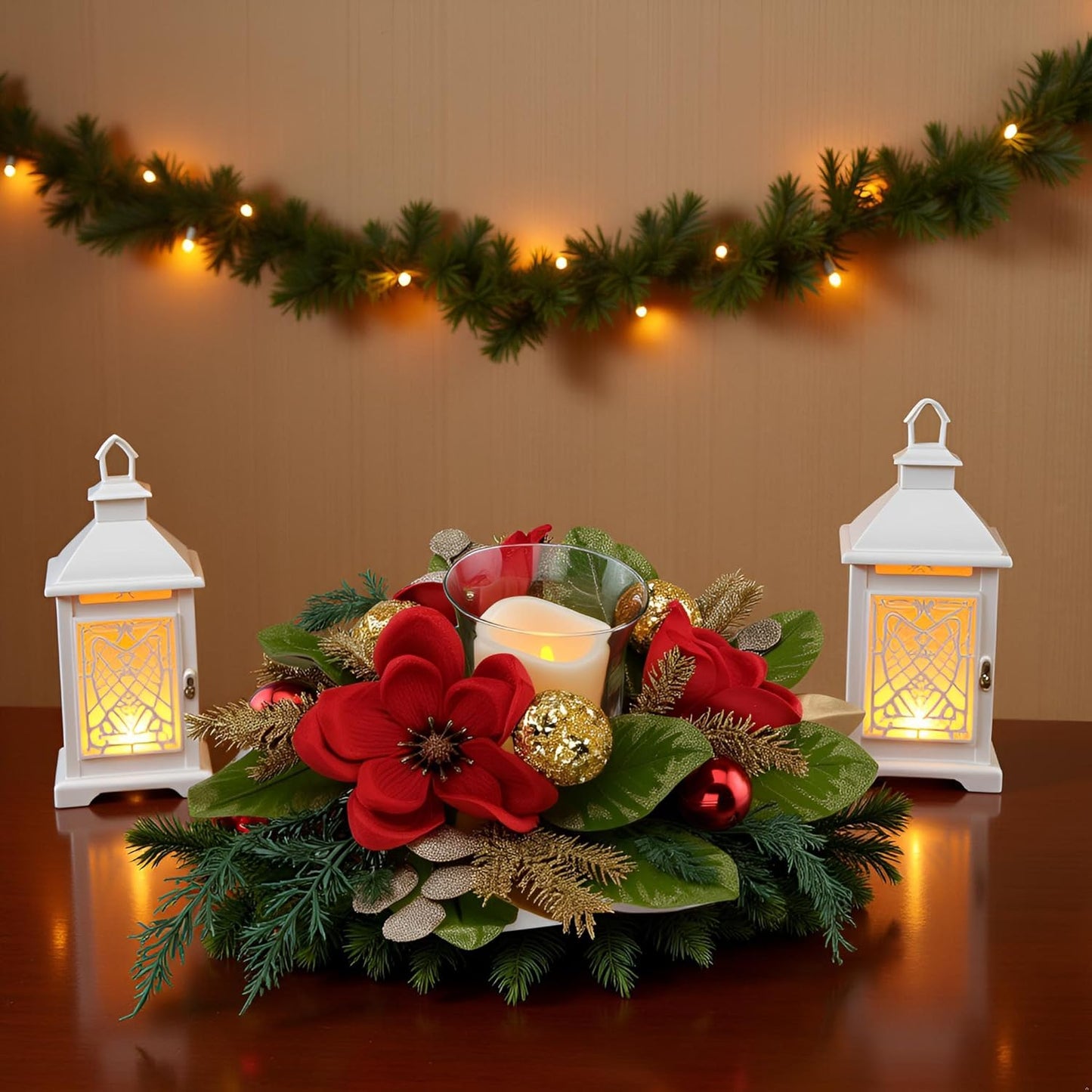 Skiennix 18" Centerpiece - Flameless LED Candle Holder with Red Magnolia & Gold Baubles for Holiday Decor
