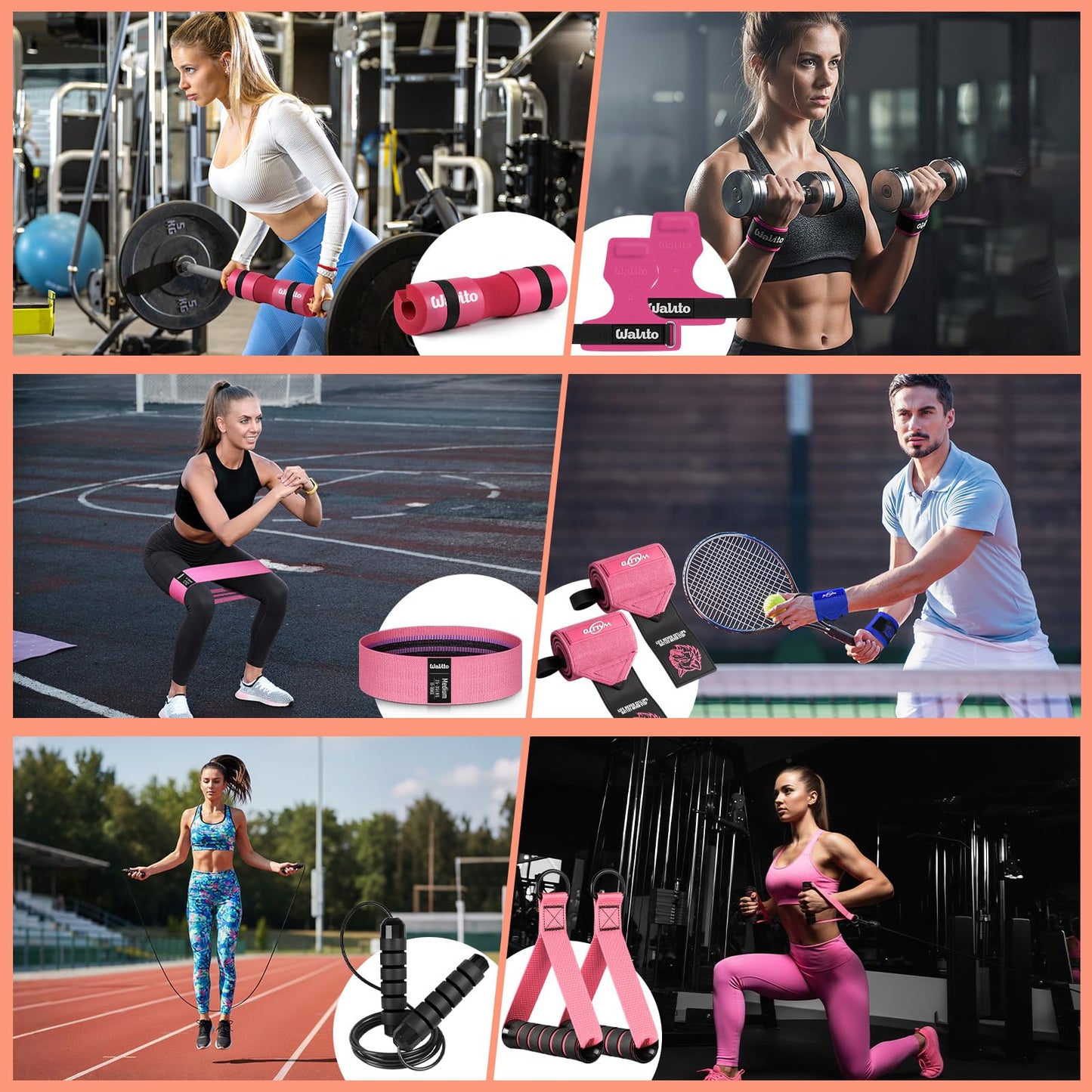 WALITO Barbell Squat Pad Set for Women, 10 Pcs Hip Thrust Gym Equipment with Exercise Handles, Wrist Wraps, Lifting Straps, Booty Band & Jump Rope, Portable Cable Machine Attachments