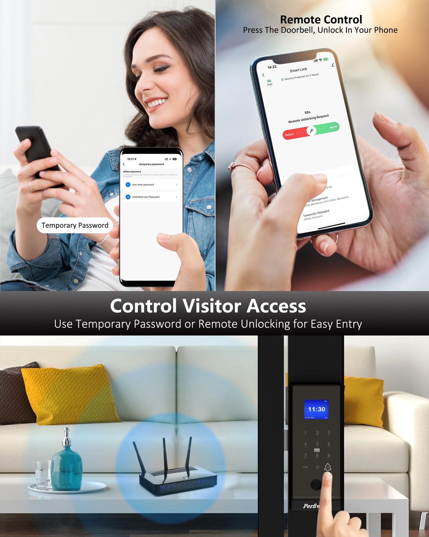 Perfiware Sliding Glass Door Lock LG75TY with APP,Smart Fingerprint Keypad Pin Screen Sliding Door Locks,Keyless Safety Lock for Sliding Door,Great for Office,Hotel,Apartment,Patio,Barn,Front Door