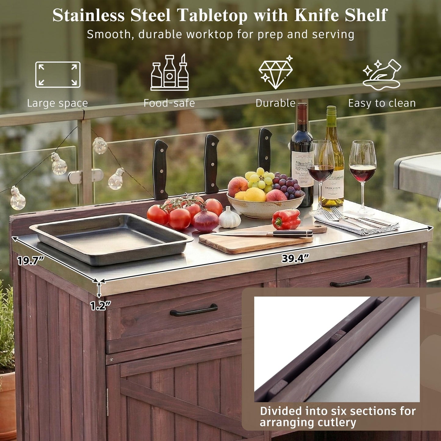 Merax Farmhouse 39.4" Grill Cart with Drawer, Storage Cabinet and Stainless Steel Top, Outdoor Grill Station w/Internal Racks & Lockable Wheels, Modular Kitchen Island for Food Prep & BBQ, Dark Brown