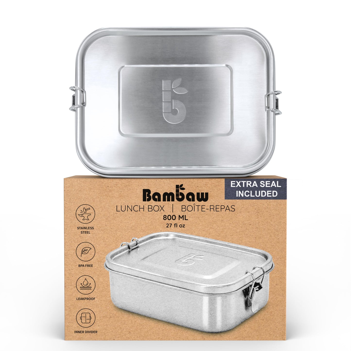Bambaw Stainless Steel Bento Box 27 oz, Metal Lunch Box with Compartments, Leakproof Stainless Steel Lunch Container, BPA free Dishwasher Safe Metal Lunchbox