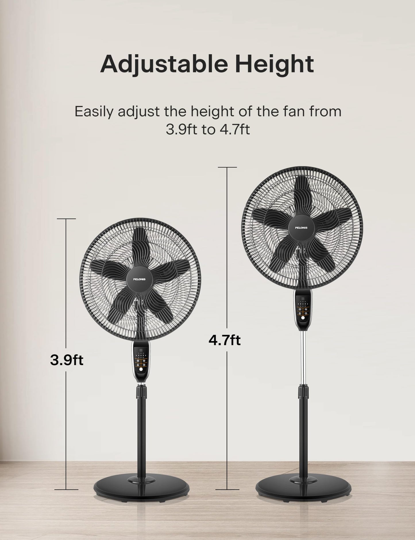 PELONIS PFS45A5BBB 18 inch 5-Blade Oscillating, Adjustable Standing Pedestal Remote, LED Display, 5 Speed Setting and 7-Hour Timer Fan, Black