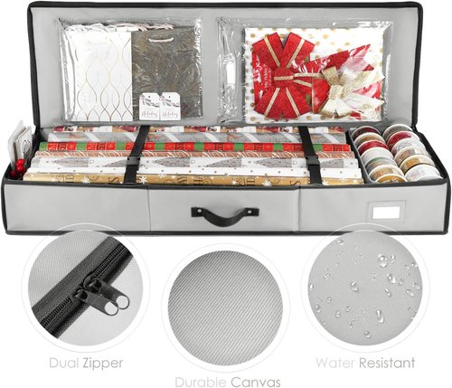 Hearth & Harbor Wrapping Paper Storage Container - Tear-Proof Christmas Gift Wrap Organizer | Fits Up to 22 Rolls, Silver