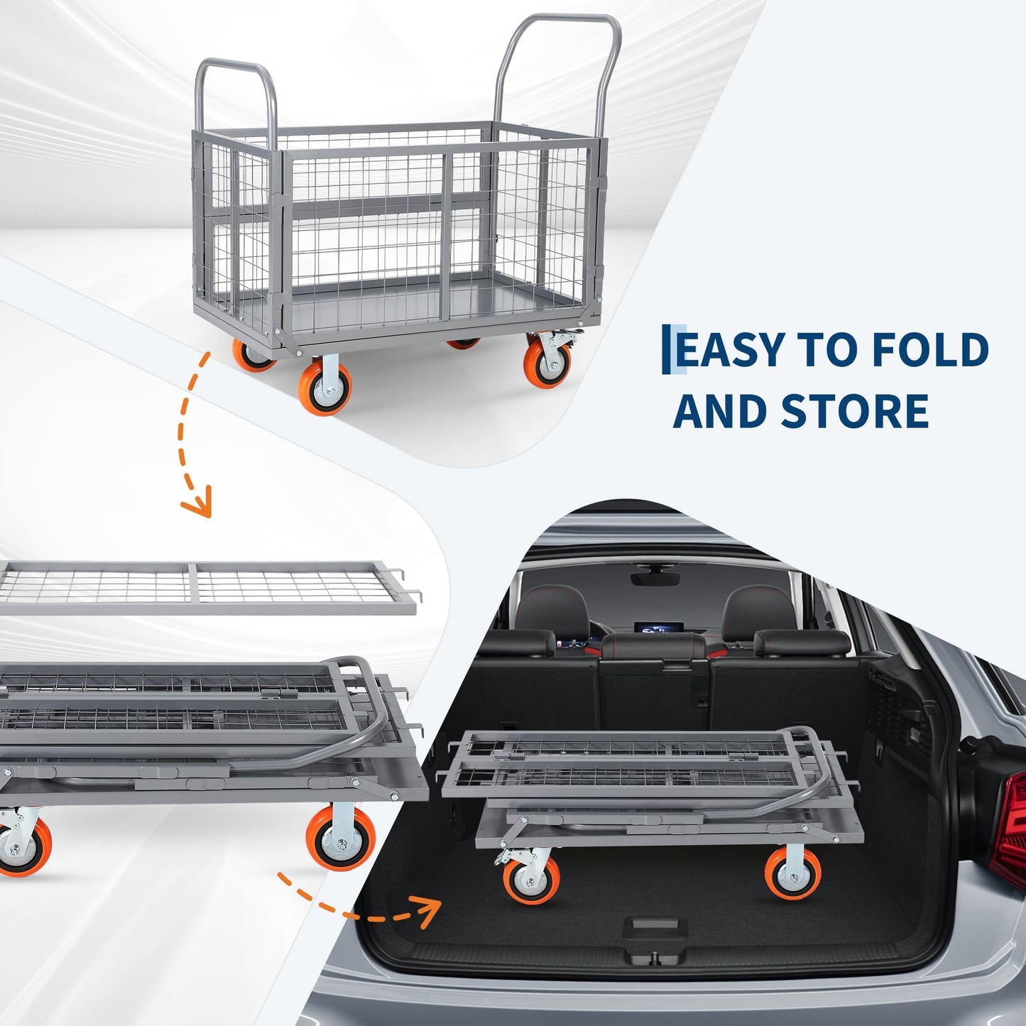 Garvee 1800 Lbs Platform Truck Cart with Cage, Heavy Duty 6-in-1 Foldable Flatbed Cart Hand Truck Dolly, Multi-Functional Push Cart with 360°Wheels, Cage Trolley for Warehouse, Grocery & Moving,Silver